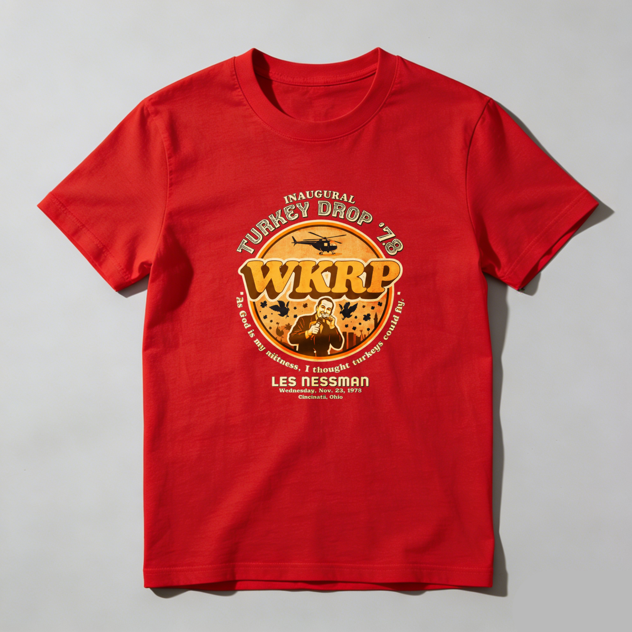 Dorawear™ Inaugural Turkey Drop Wkrp Les Nessman Pure Cotton Short Sleeve T Shirt-Dorawear