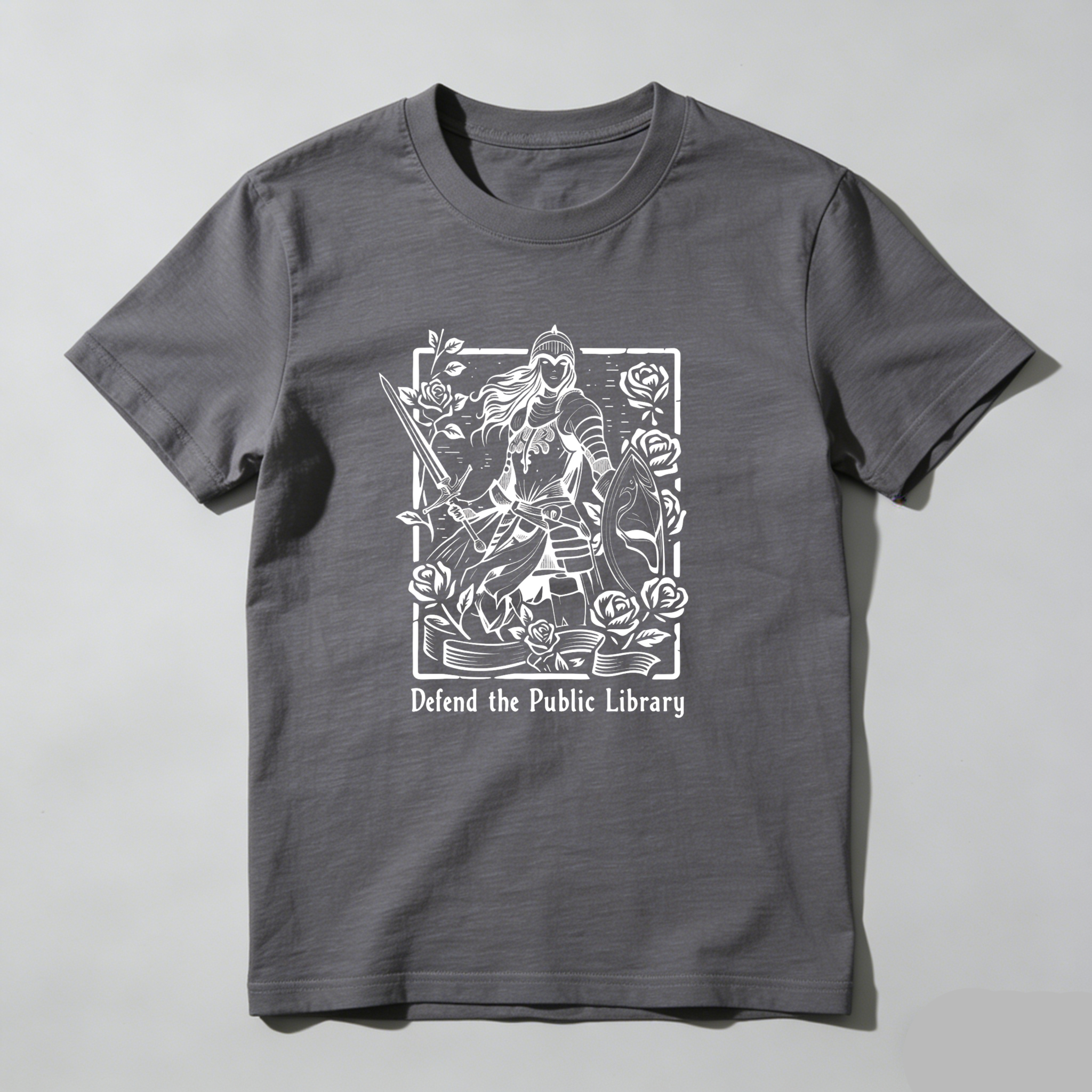 Dorawear™ Defend The Public Library Warrior With Sword And Roses T Shirt