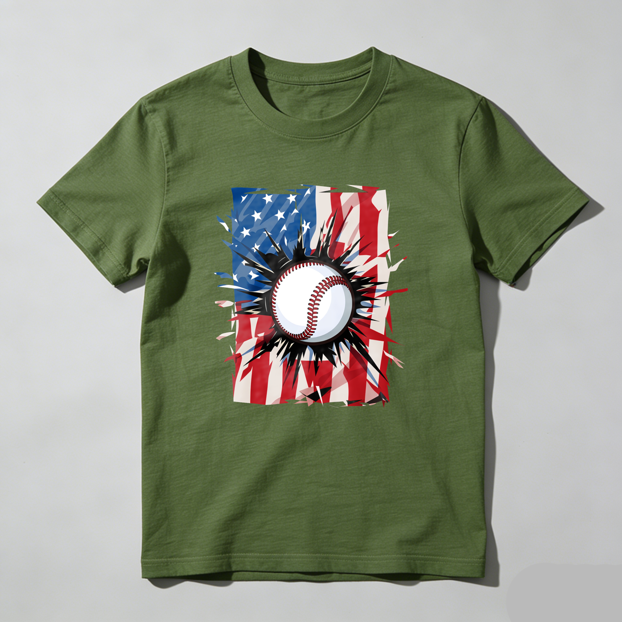 Dorawear™ Baseball With American Flag Background  T Shirt-Dorawear