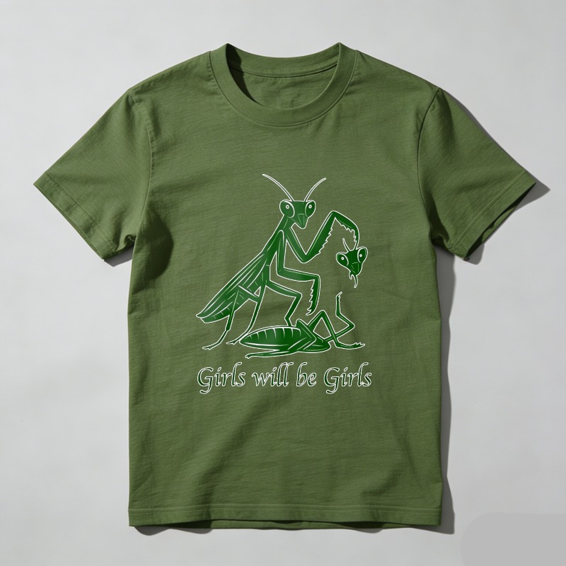 Dorawear™ Green Mantis Eating Prey With Text Below T Shirt 100% cotton