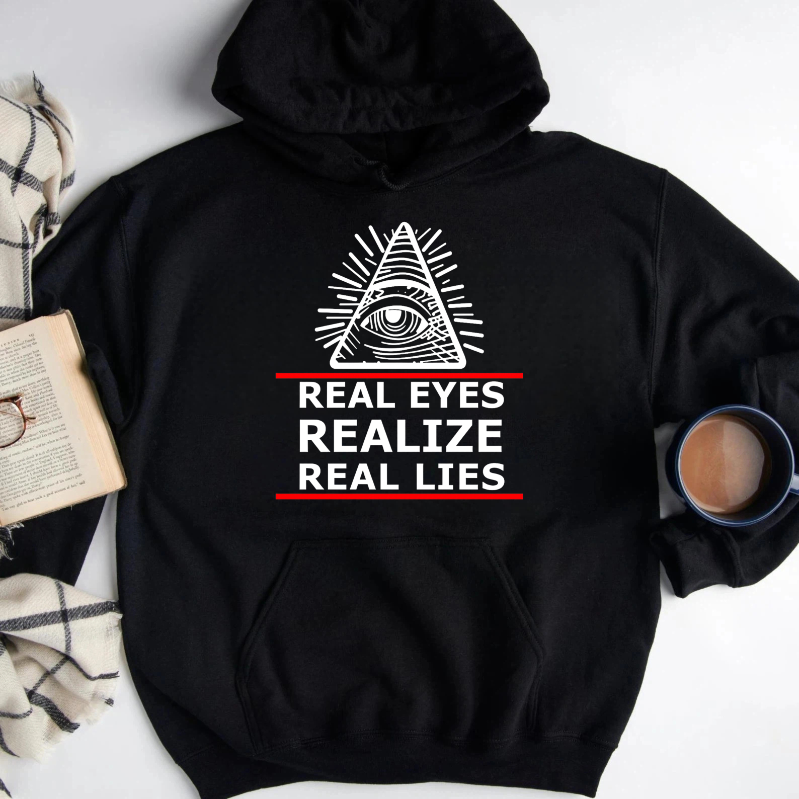 Dorawear™ Real Eyes Realize Real Lies Hoodie With All Seeing Eye Symbol Black Sweatshirt For Men Women Unisex Fashion Statement Piece-Dorawear