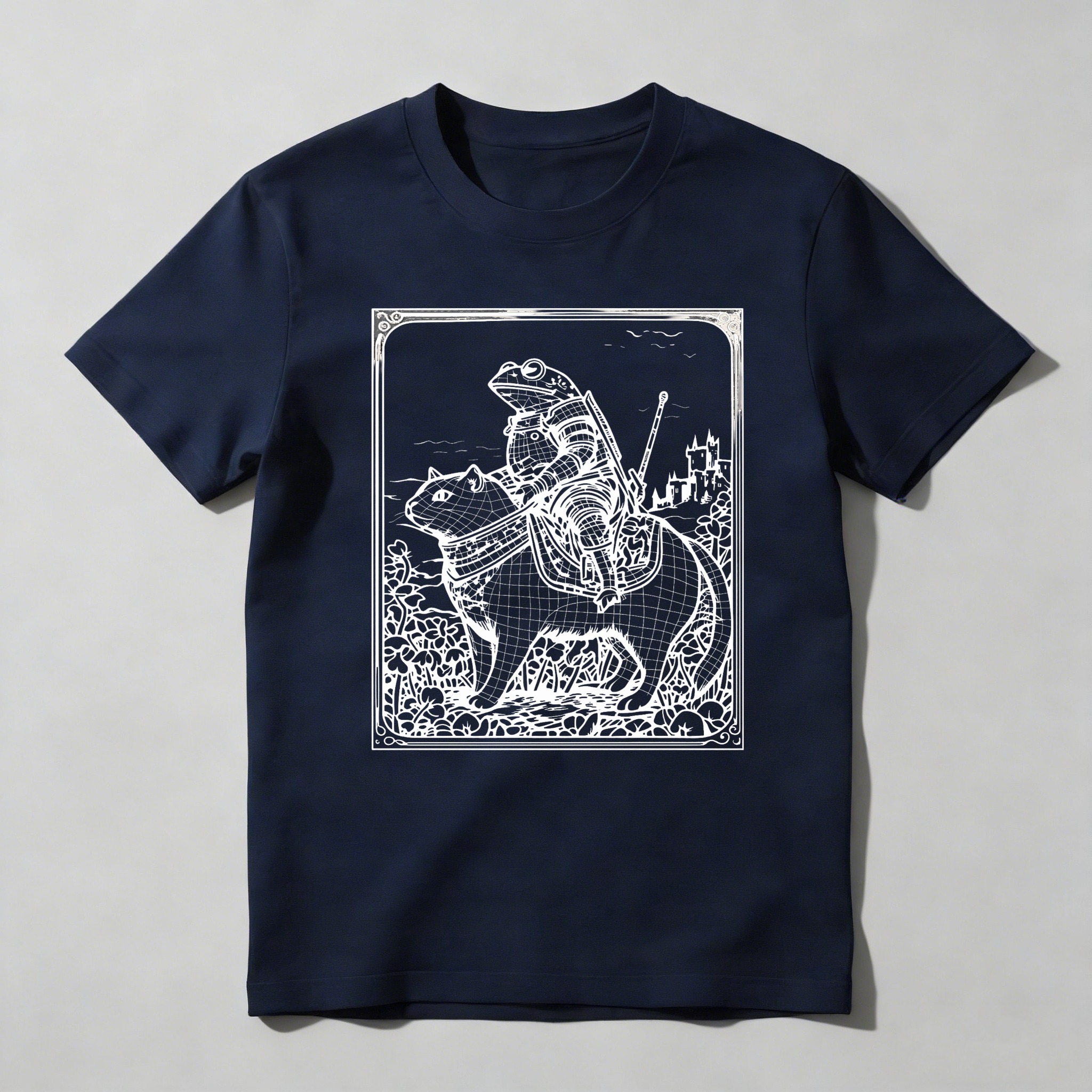 Dorawear™ Frog Knight Riding Cat In Fantasy Landscape T Shirt