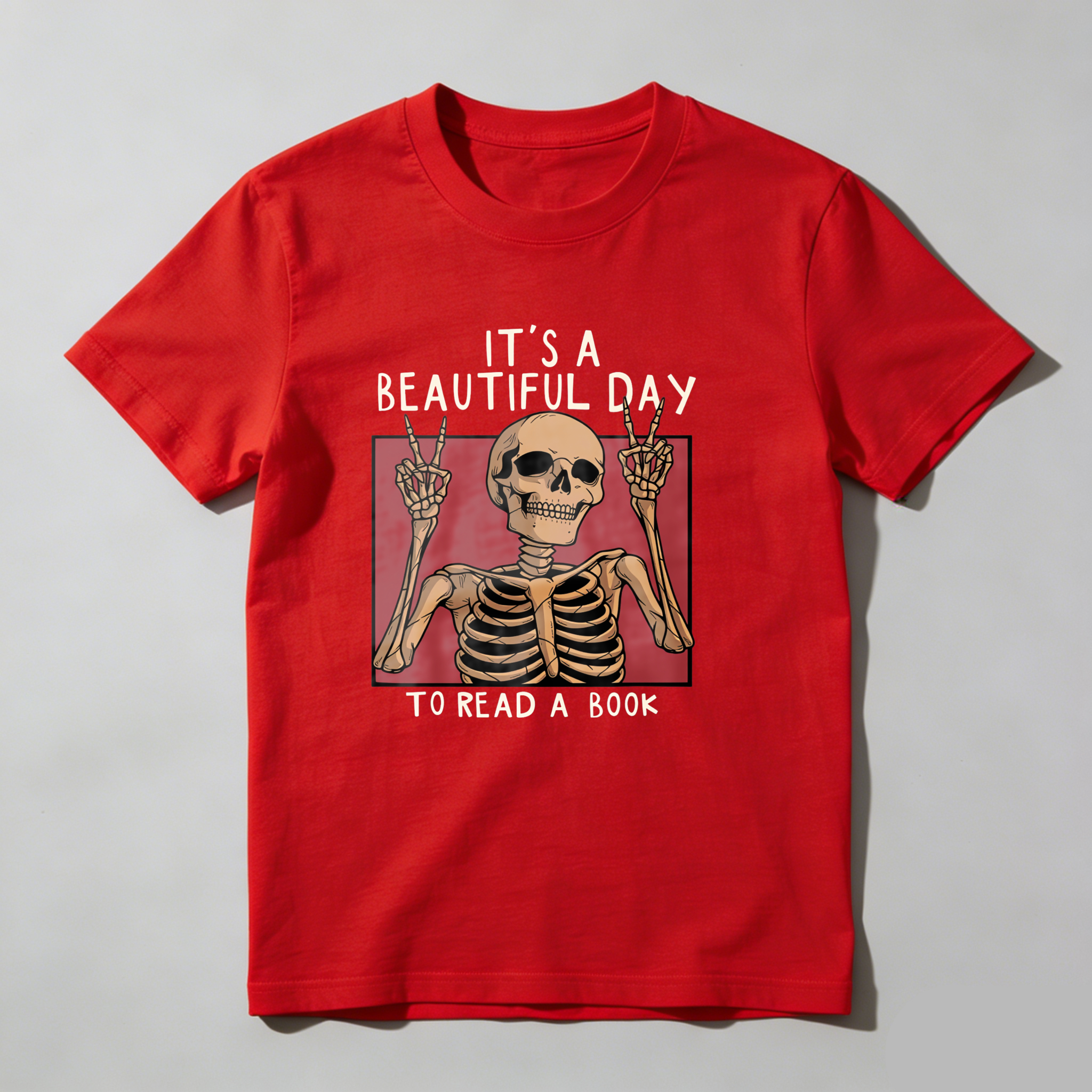 Dorawear™ Skeleton Making Peace Signs With Book Text T Shirt