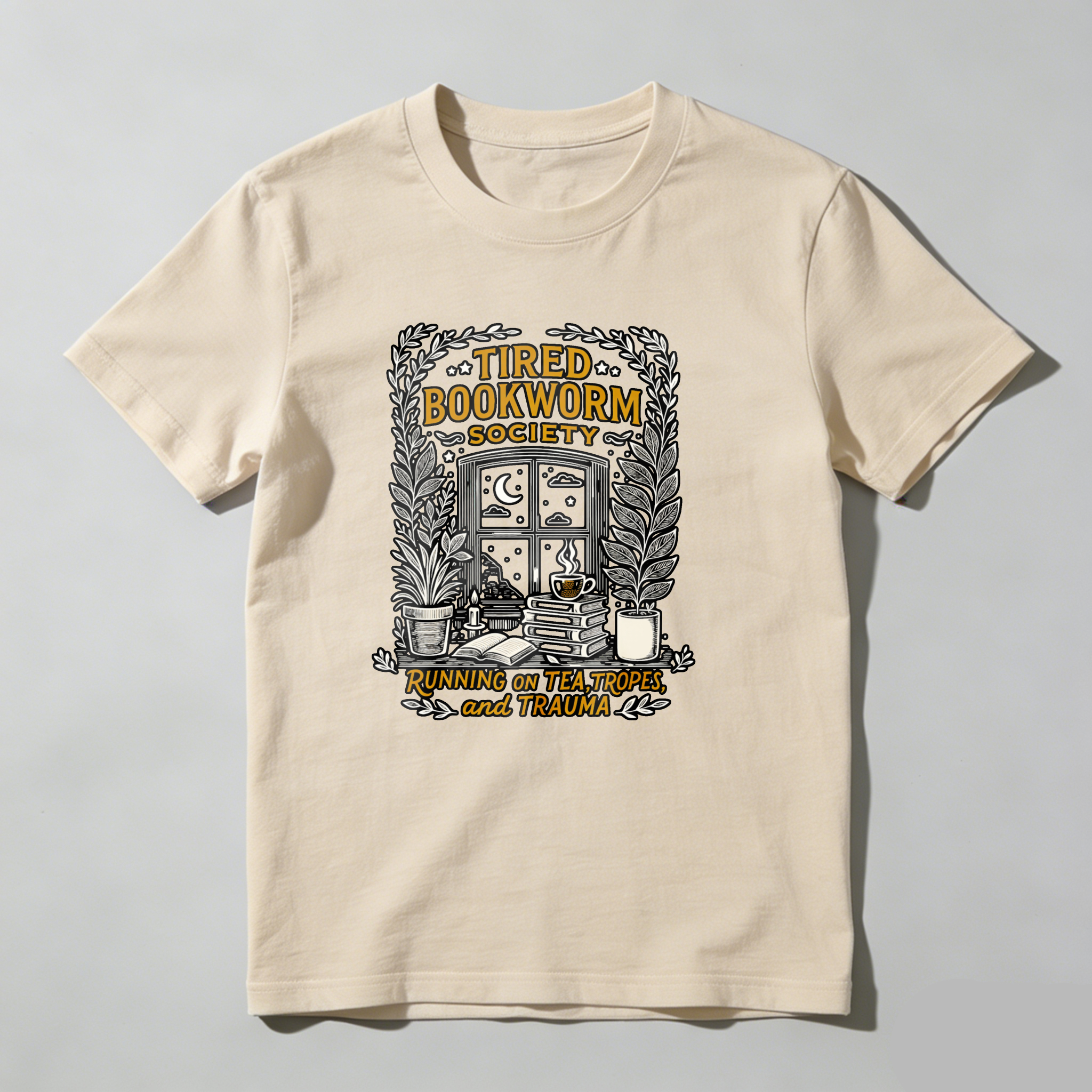 Dorawear™ Tired Bookworm Society Running On Tea Tropes And Trauma T Shirt