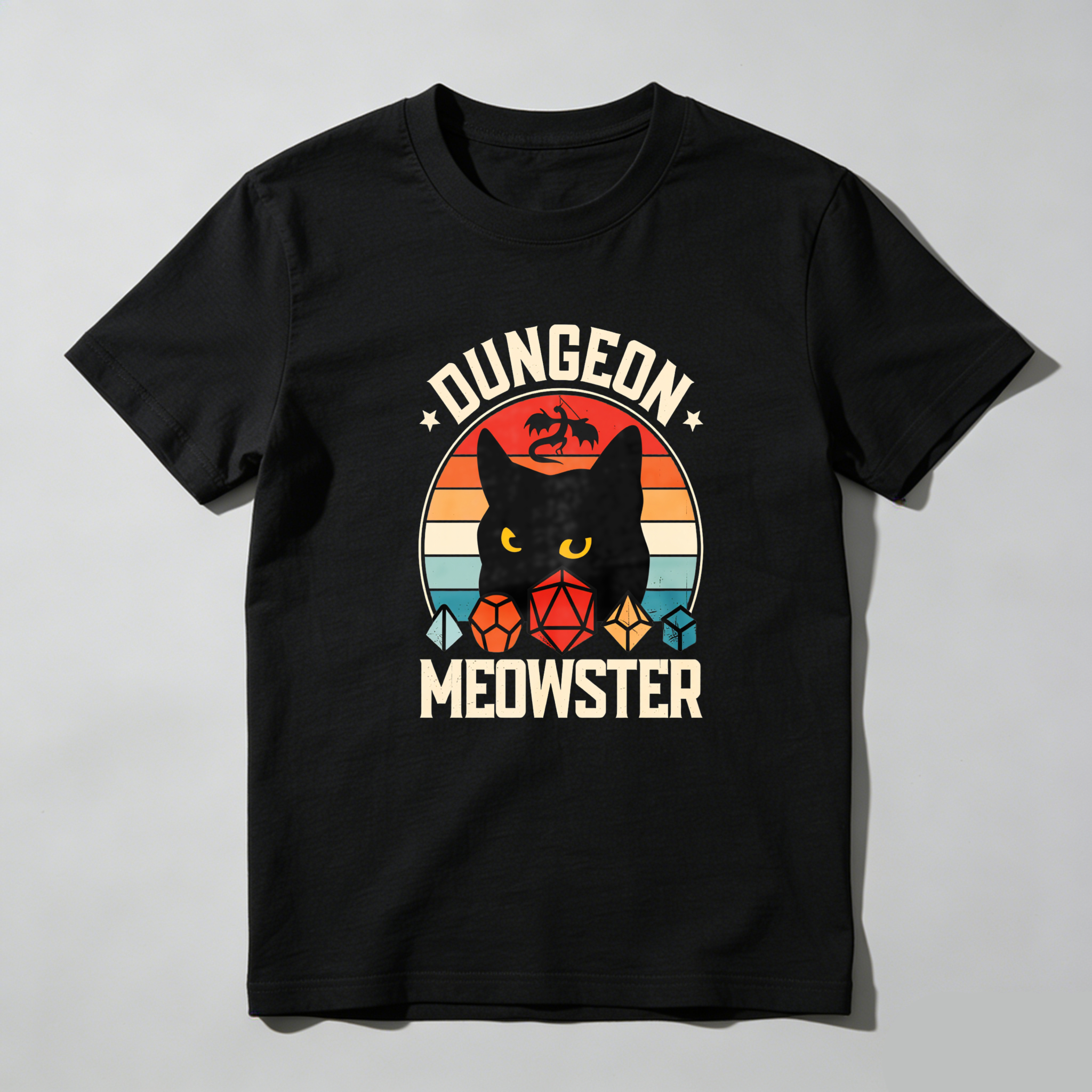 Dungeon Meowster Cat Dragon Dice Sunset tshirt 100% cotton