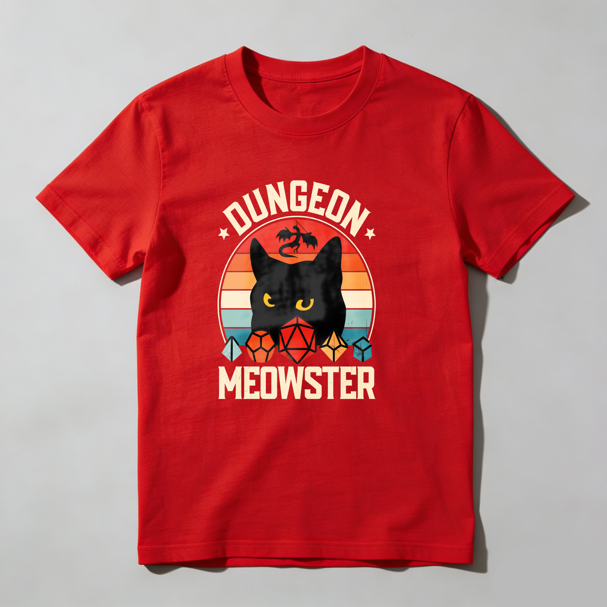 Dungeon Meowster Cat Dragon Dice Sunset tshirt 100% cotton