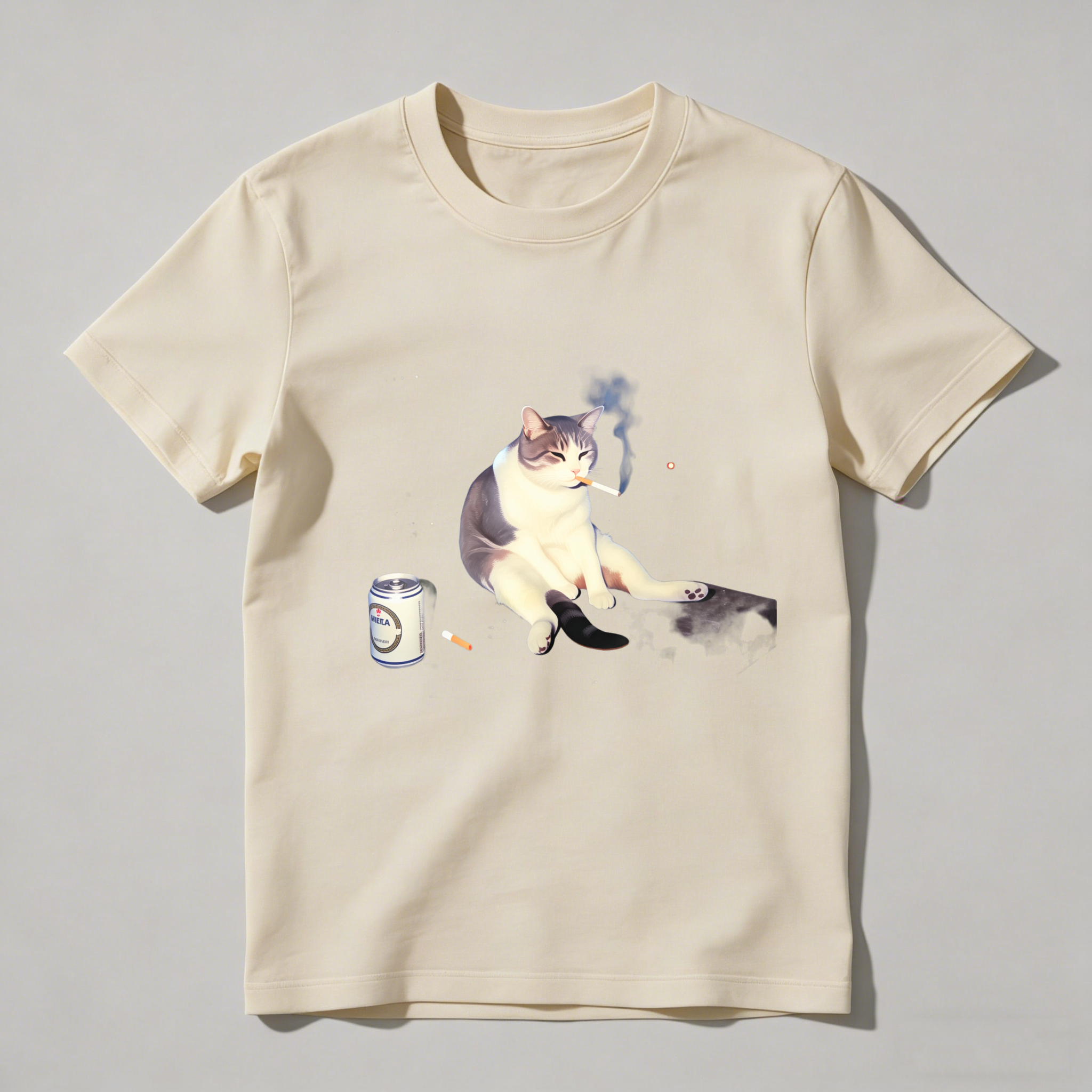 Dorawear™ Cat Smoking Cigarette With Beer Can T Shirt