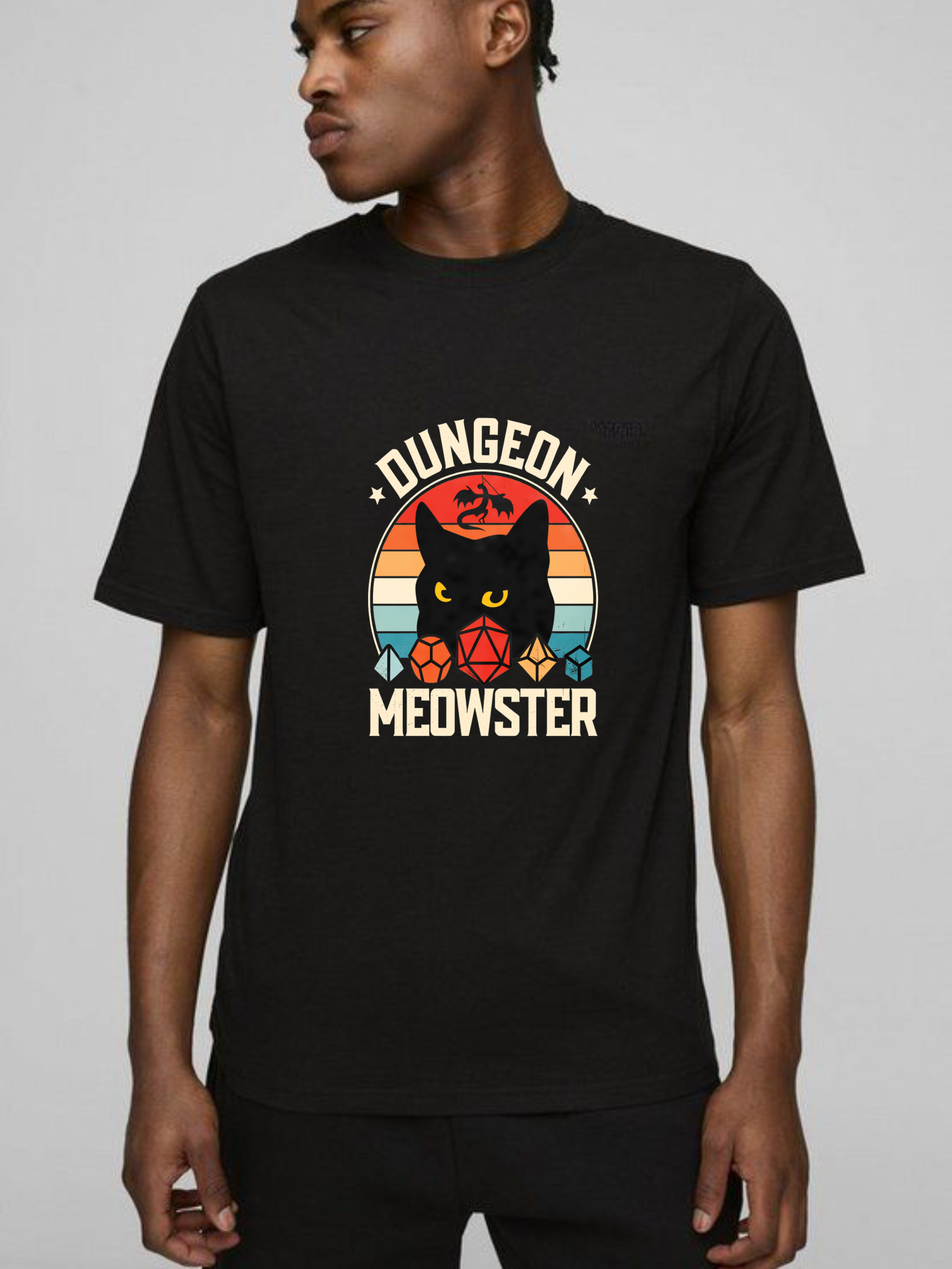 Dungeon Meowster Cat Dragon Dice Sunset tshirt 100% cotton