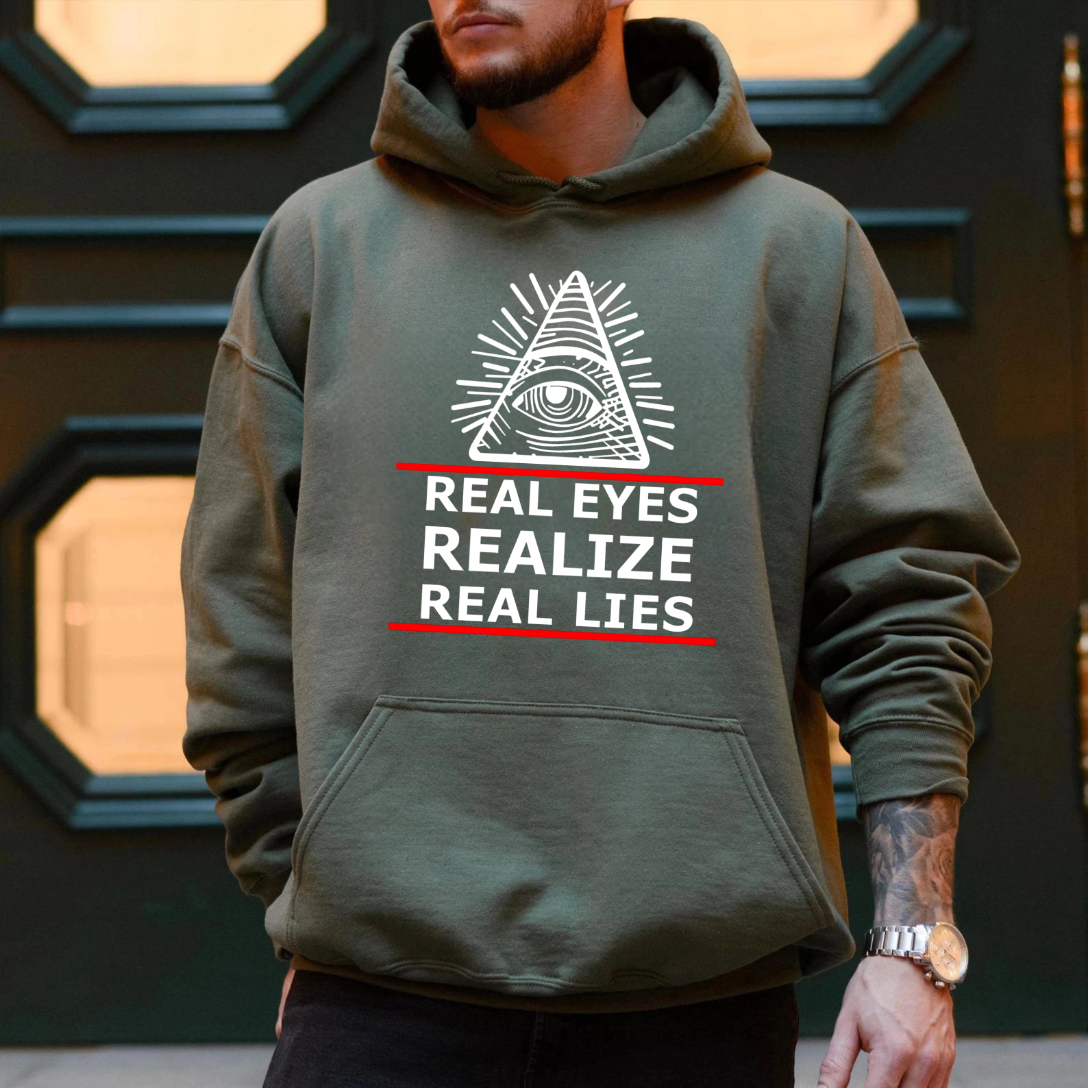 Dorawear™ Real Eyes Realize Real Lies Hoodie With All Seeing Eye Symbol Black Sweatshirt For Men Women Unisex Fashion Statement Piece-Dorawear