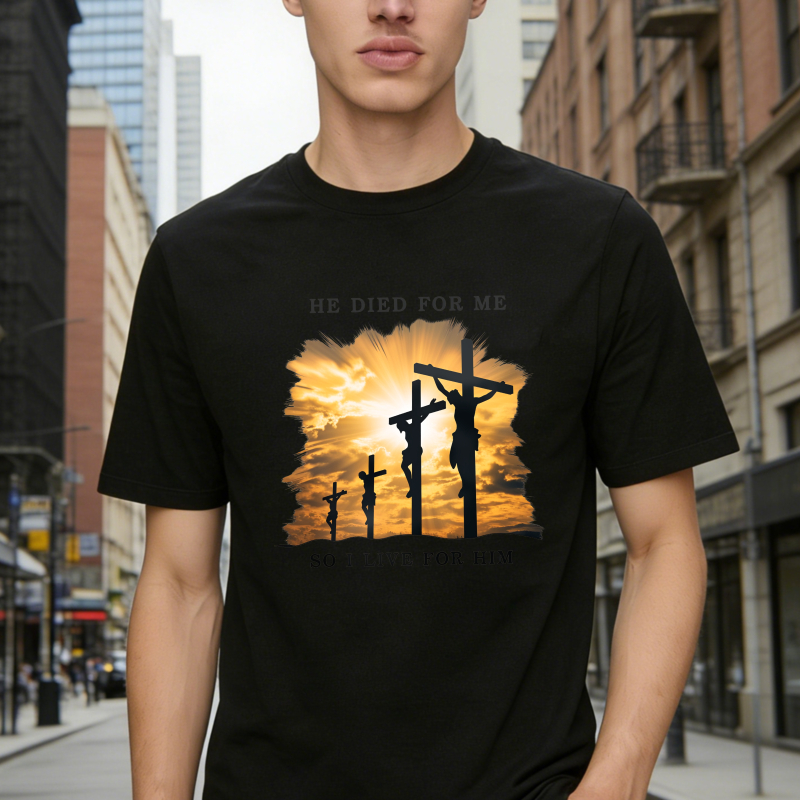 Crucifixion Scene With Three Crosses And Sunset Sky He Died For Me So I Live For Him Unisex Classic T-shirt