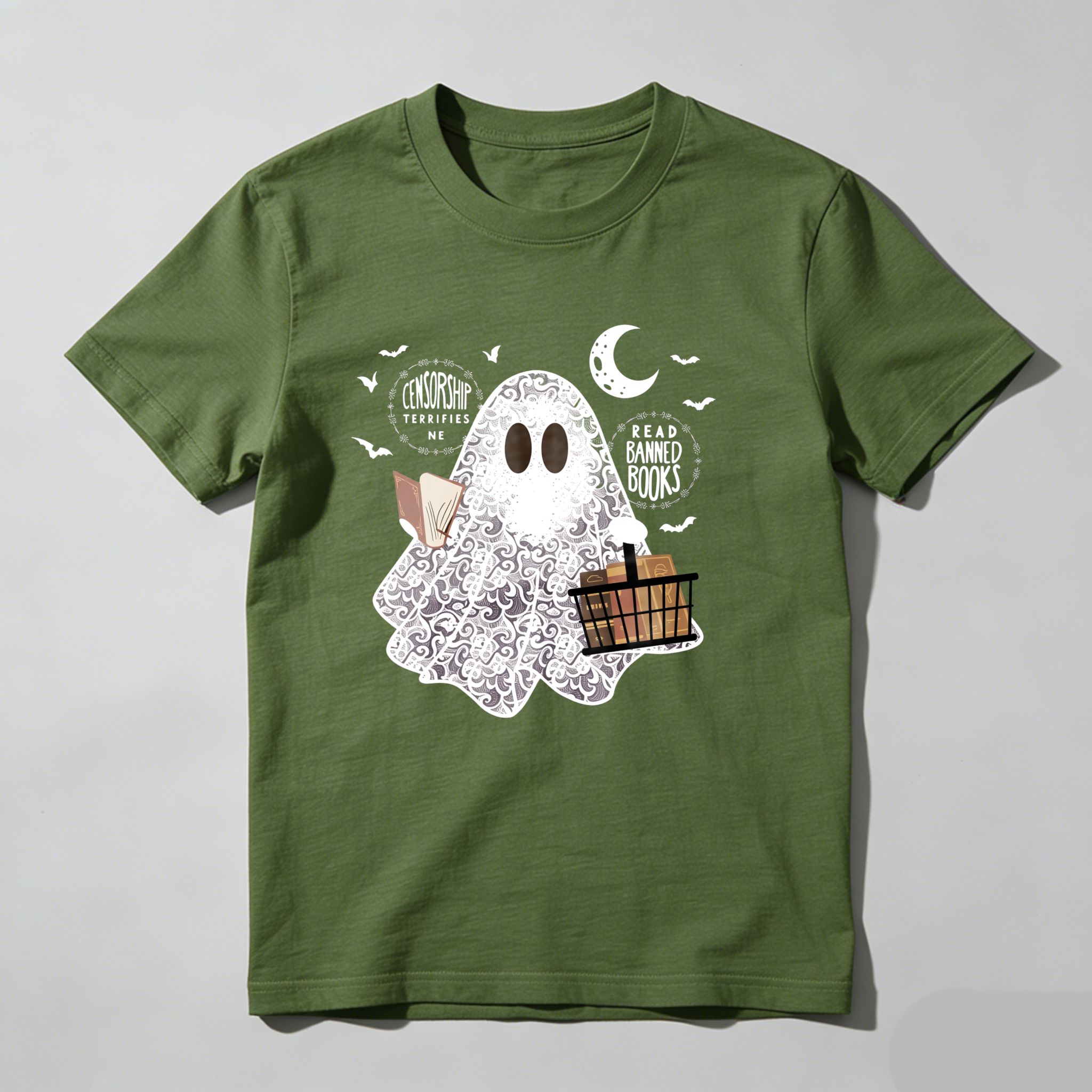 Dorawear Ghost Holds Books And Moon With Bats T Shirt