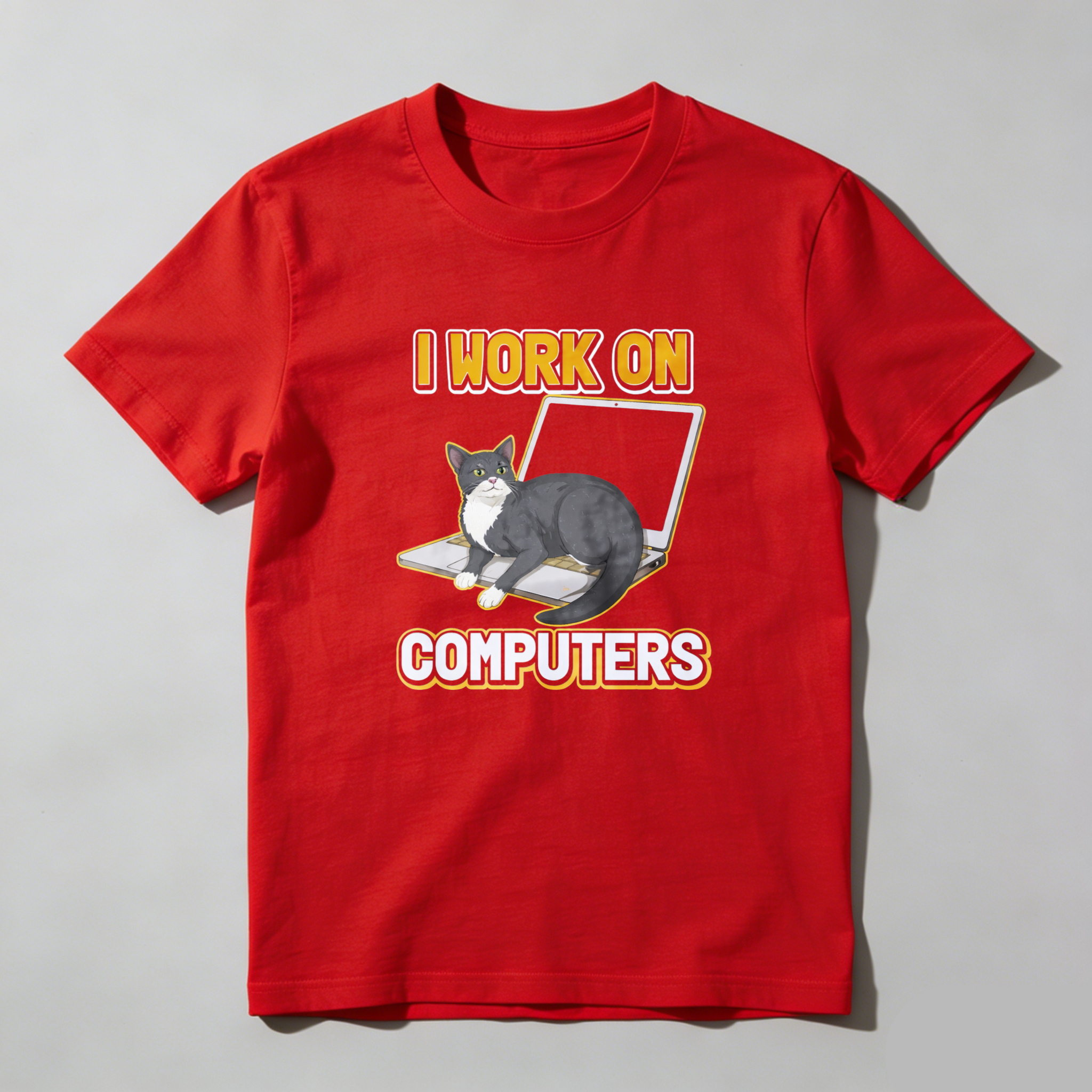 Dorawear™ Cat On Laptop I Work On Computers Pure Cotton Short Sleeve T Shirt-Dorawear