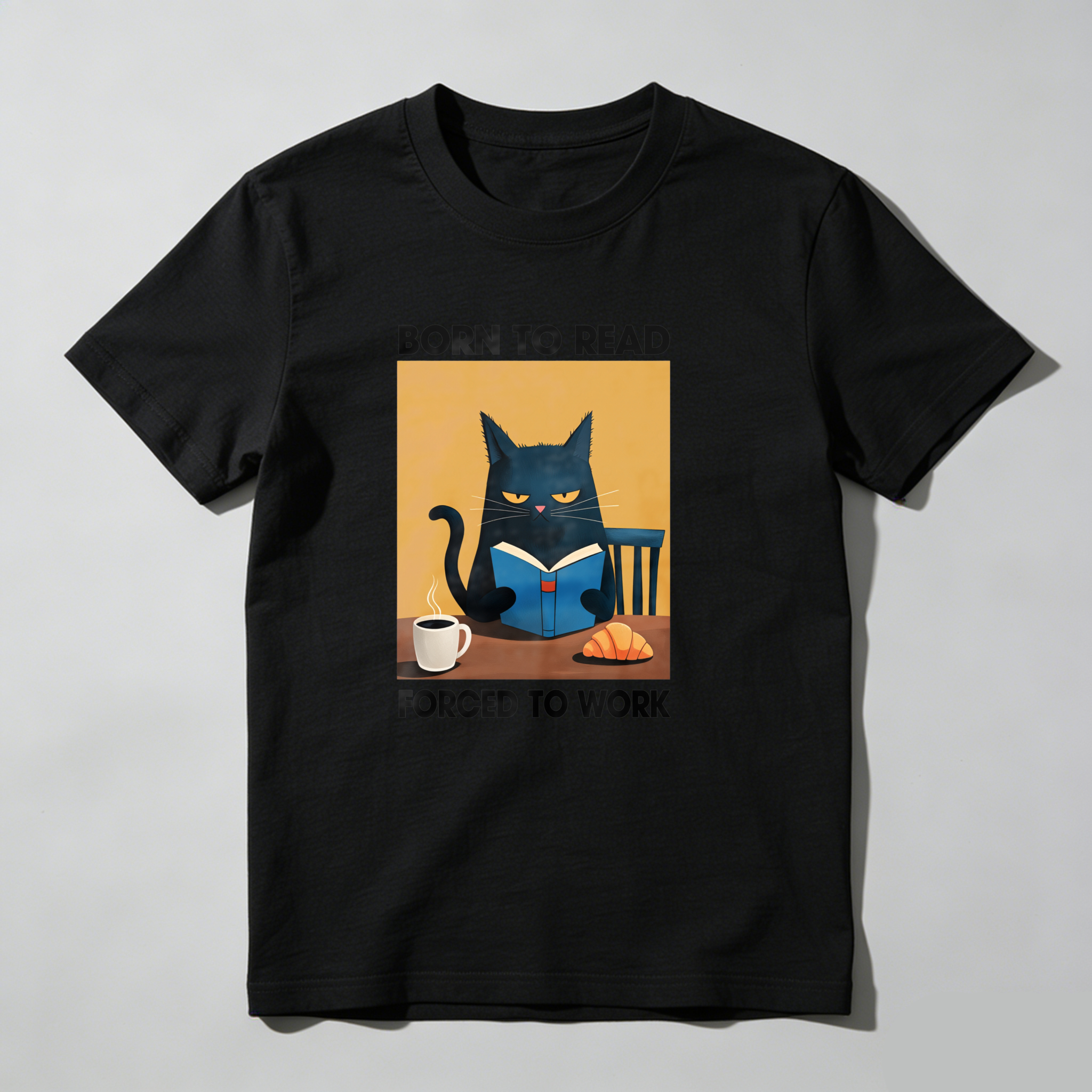 Dorawear™ Cat Reading Book With Coffee And Croissant T Shirt