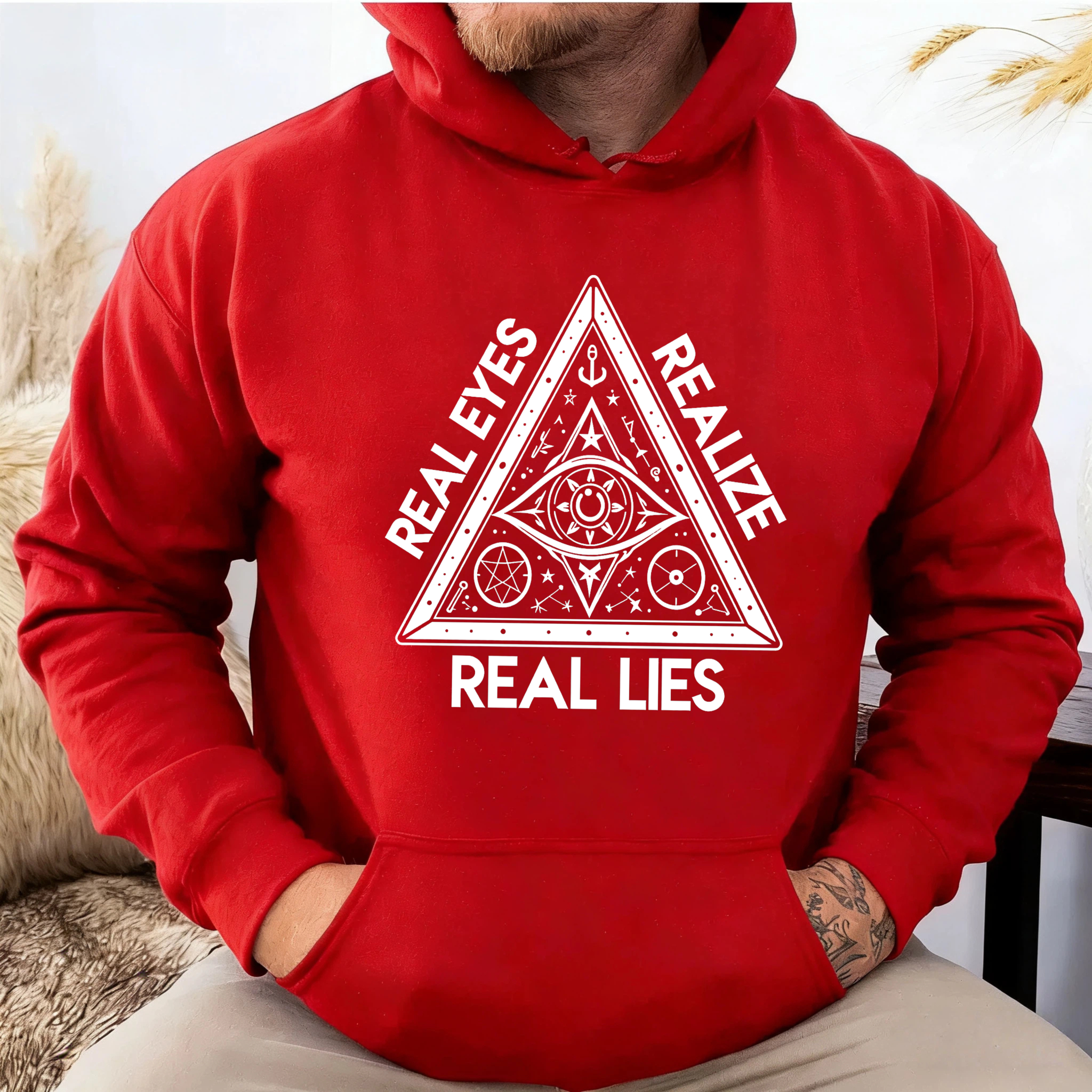 Dorawear™ Real Eyes Realize Real Lies Hoodie Black Spiritual Symbolic Design Mystical Pyramid Graphic Sweatshirt Unisex Casual Wear-Dorawear
