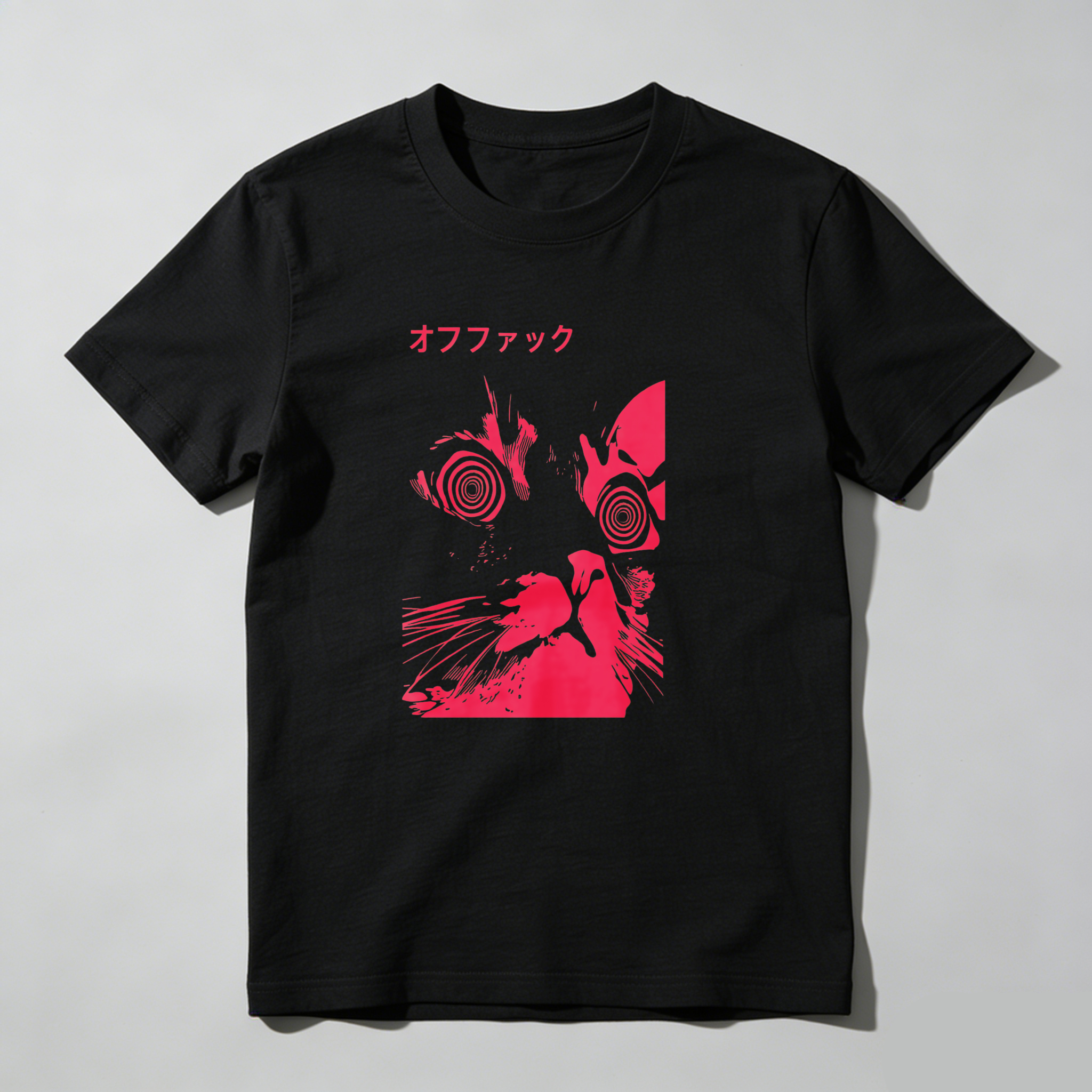Dorawear™ Red Cat With Spiral Eyes And Japanese Text T Shirt