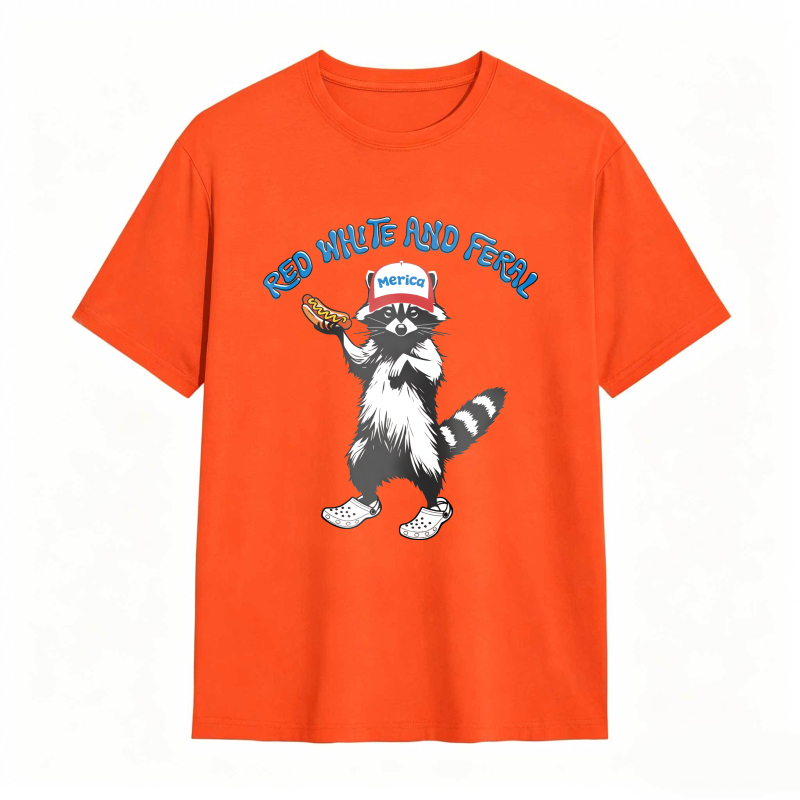 USA Red White Feral Racoon Vintage Hot Dog Party America Patriotic Racoon Tshirt