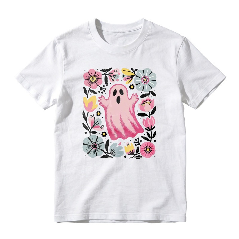 Cute Pink Ghost With Floral Frame, Unisex Classic T-shirt