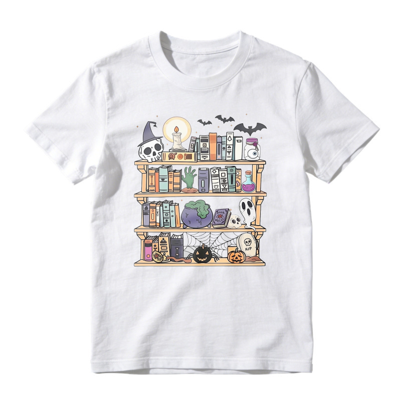 Halloween Bookshelf With Skull Books Bats And Pumpkins, Unisex Classic T-shirt