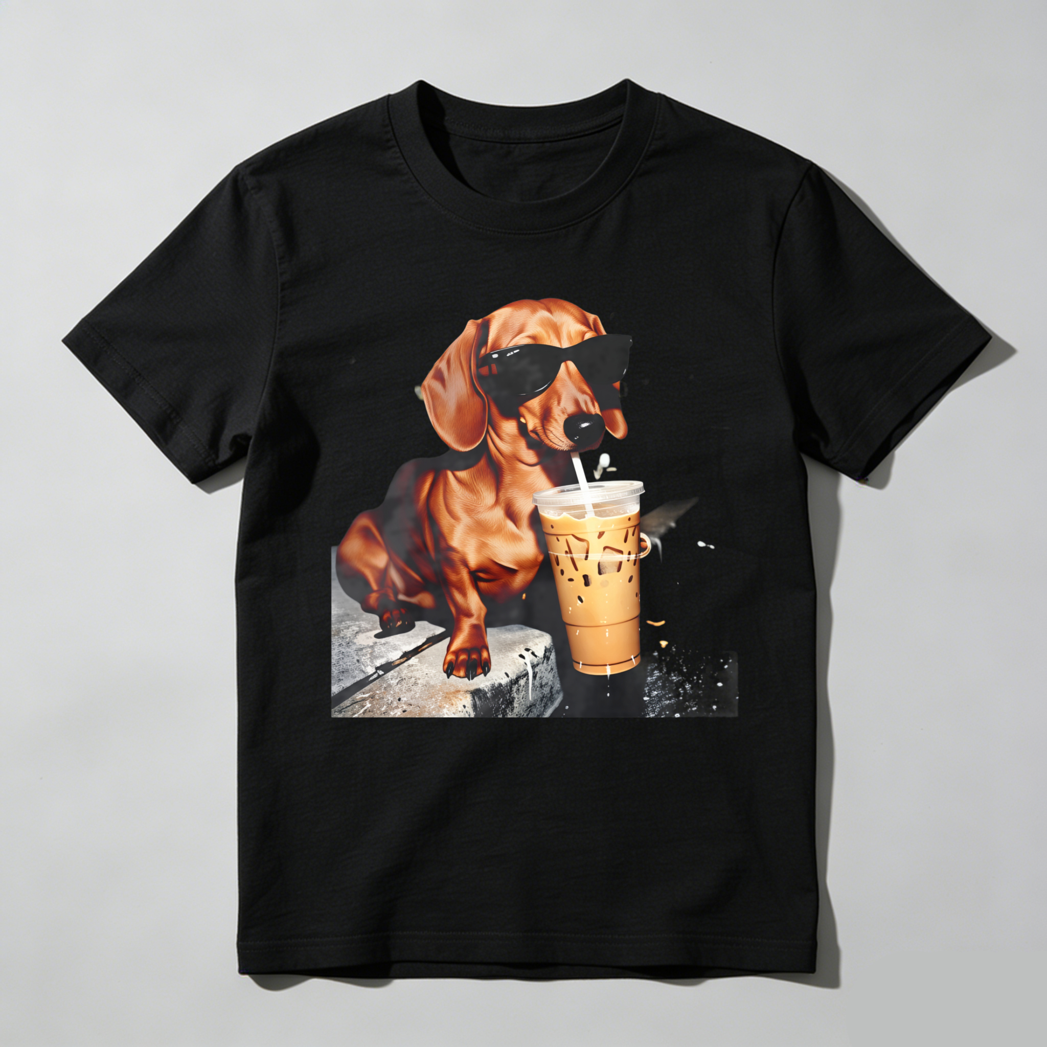 Dorawear™ Dachshund Wears Sunglasses Sips Iced Coffee T Shirt