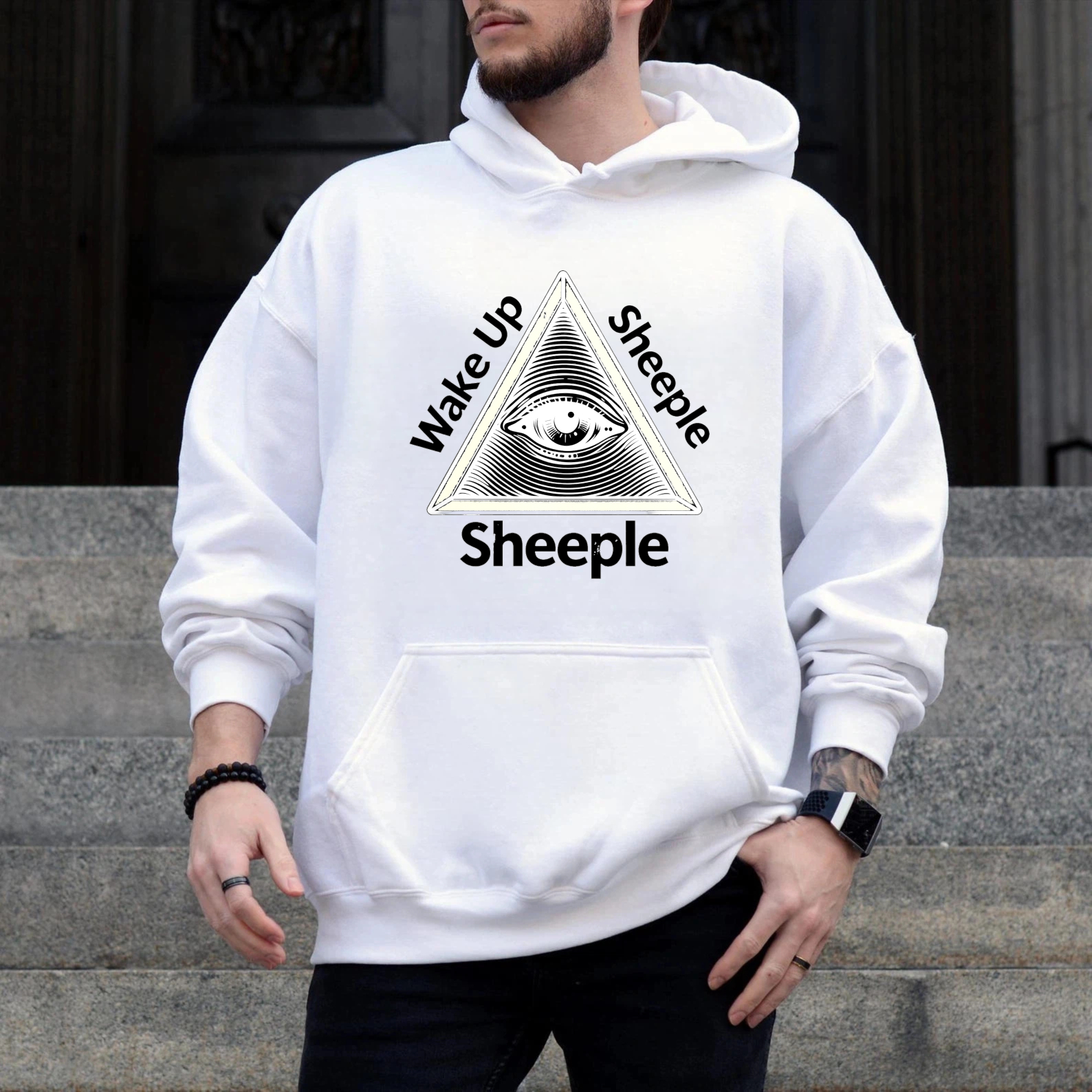 Dorawear™ Wake Up Sheeple All Seeing Eye Hoodie Conspiracy Theory Statement Sweatshirt Black Unisex Pullover With Front Pocket And Drawstring Hood-Dorawear