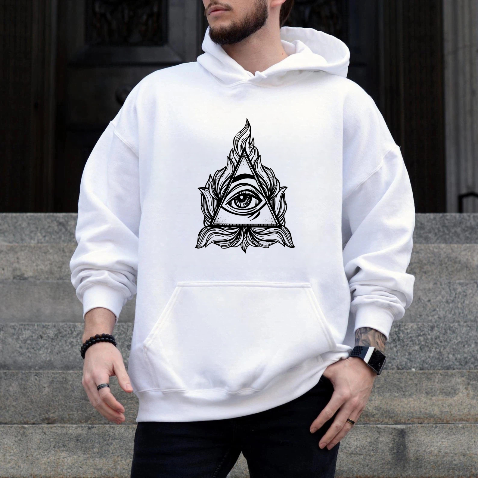 Dorawear™ All Seeing Eye Hoodie With Flame And Leaf Design Black Sweatshirt For Men And Women Spirituality Symbol Clothing Artistic Print Pullover Hoodie-Dorawear