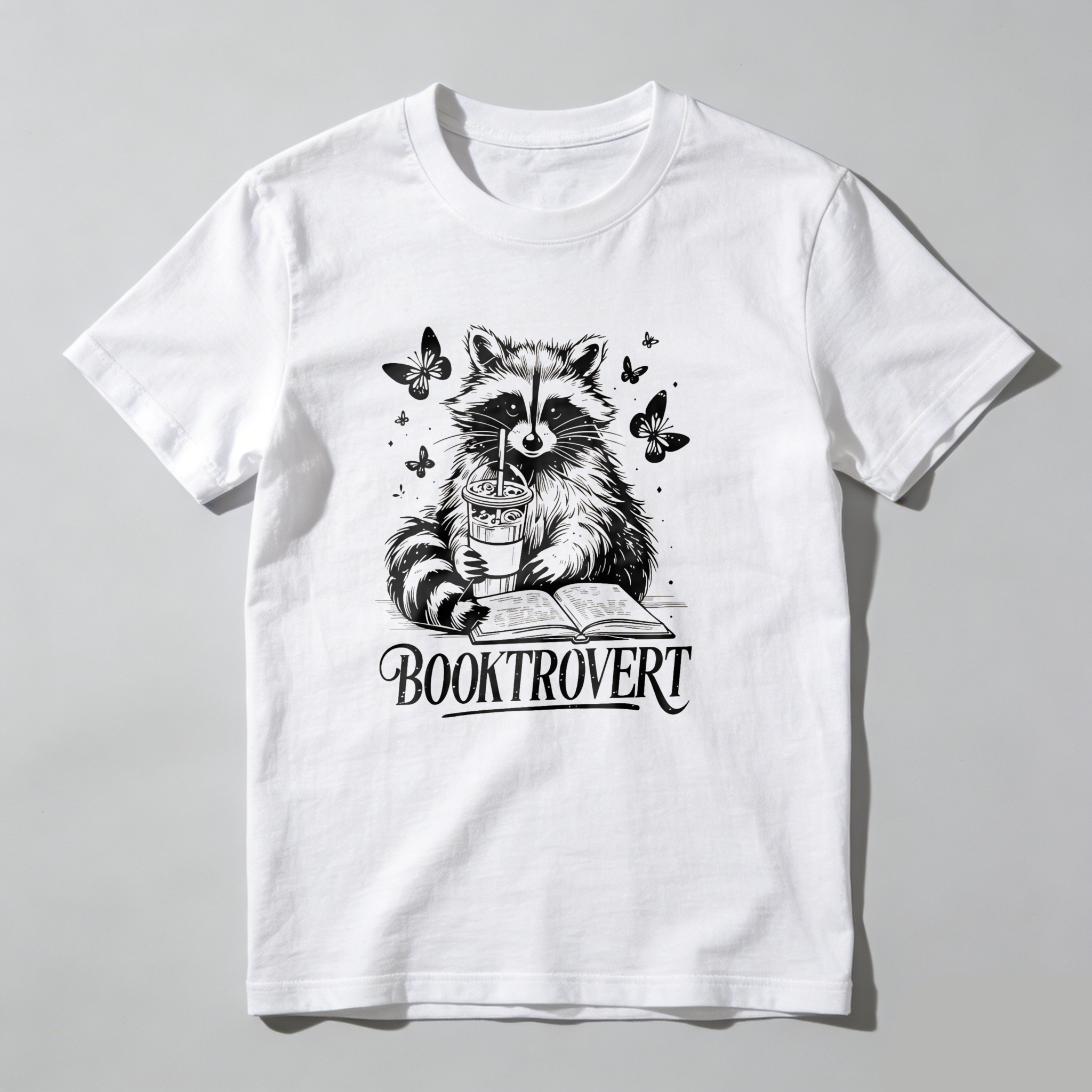 Dorawear™ Raccoon Reading Book With Butterflies And Coffee T Shirt
