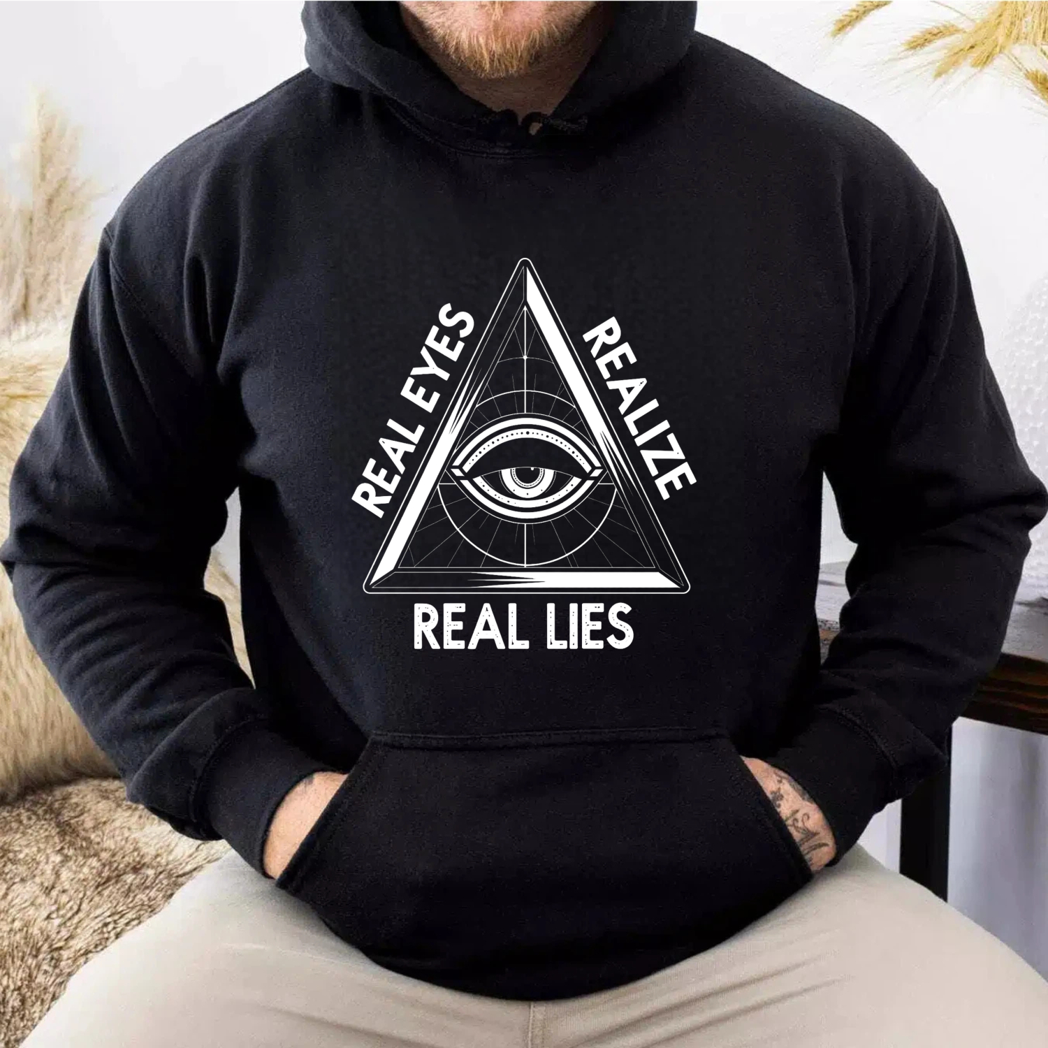 Dorawear™ Real Eyes Realize Real Lies Hoodie All Seeing Eye Symbol Black Sweatshirt With Pocket And Drawstring Hood For Men Women Unisex Fashion Streetwear Apparel-Dorawear