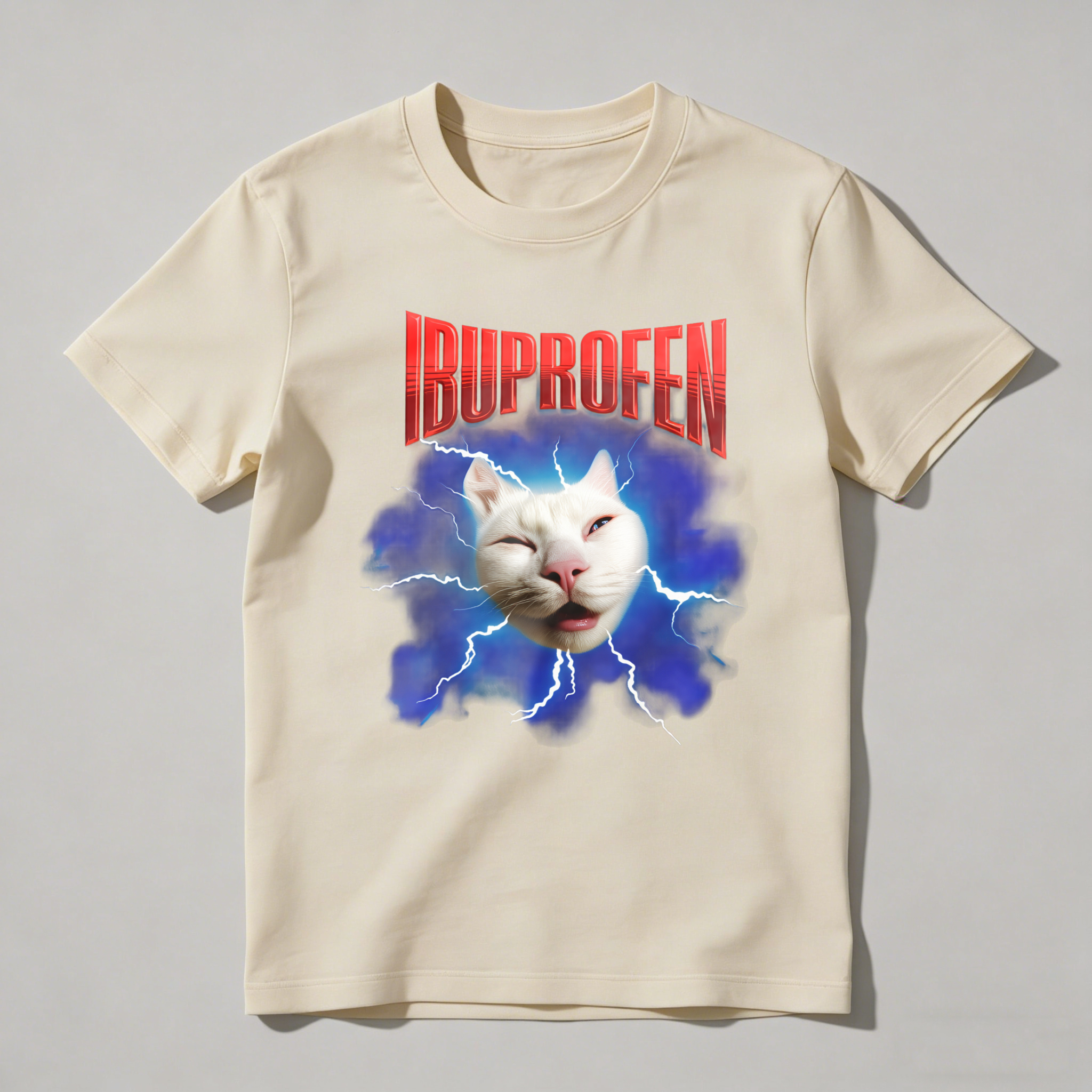 Dorawear™ Ibuprofen Cat Lightning Blue Background T Shirt