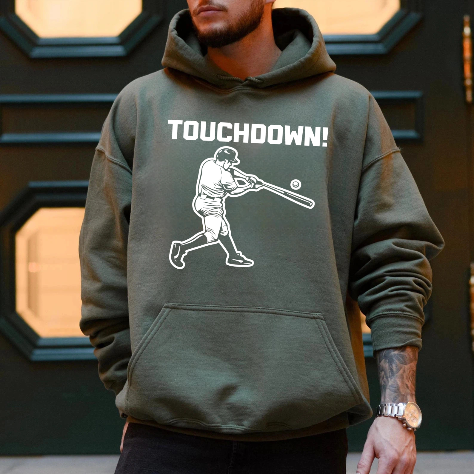 Dorawear™ Touchdown Baseball Player Hoodie Black Sweatshirt With Graphic Design For Sports Fans