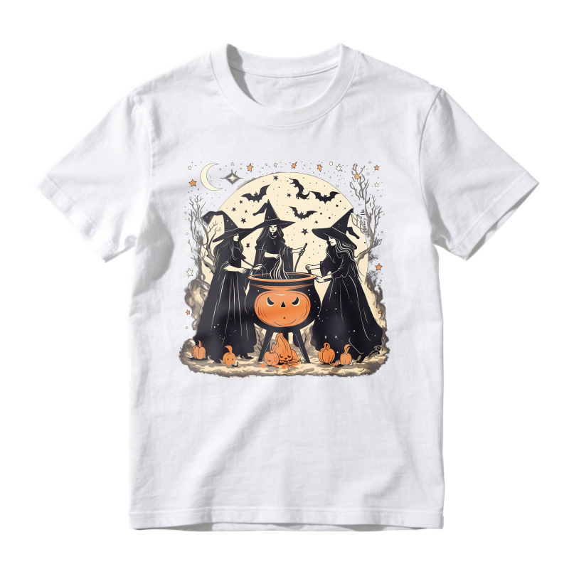 Halloween Witches Stirring Pumpkin Cauldron Under Full Moon With Bats And Stars, Unisex Classic T-shirt
