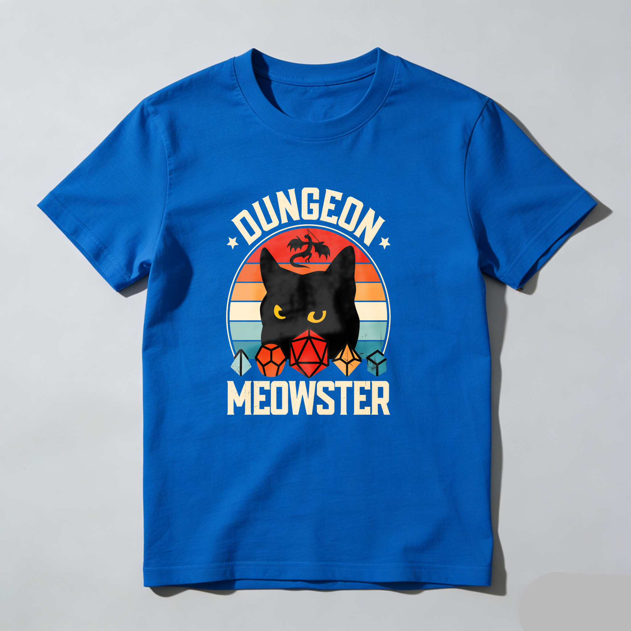Dungeon Meowster Cat Dragon Dice Sunset tshirt 100% cotton