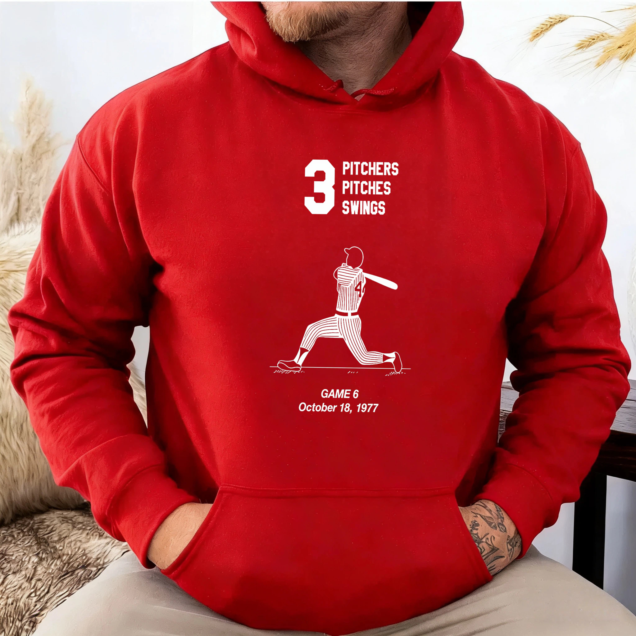Dorawear™ 3 Pitchers 3 Pitches 3 Swings Game 8 October 18 1977 Baseball Hoodie