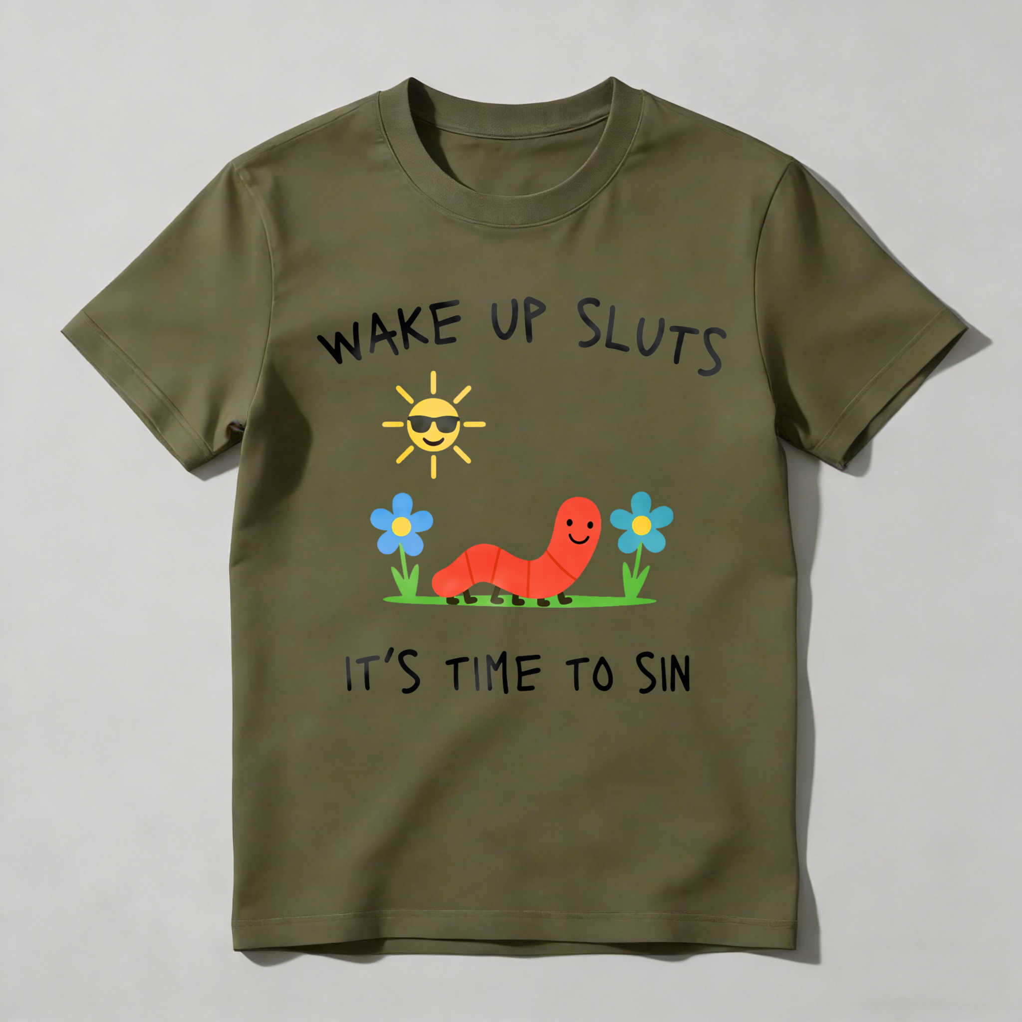 Dorawear™ Wake Up Sloth   Sun Smiling With Glasses   Caterpillar On Grass   Flowers Blue And Yellow   Its Time To Sin T Shirt-Dorawear