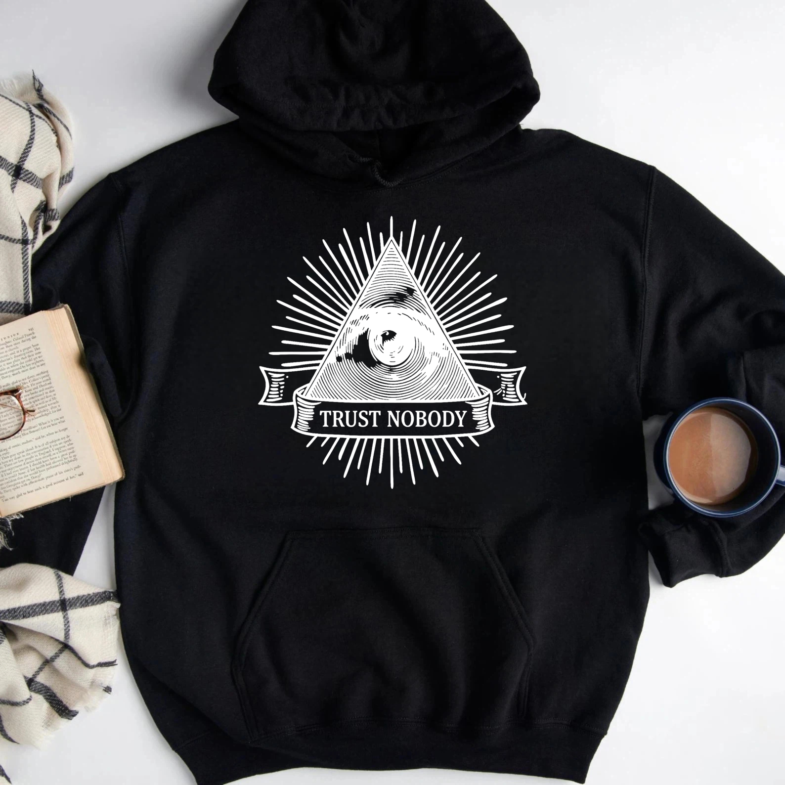 Dorawear™ Trust Nobody All Seeing Eye Hoodie Black Sweatshirt With Pyramid And Eye Design Unisex Casual Wear For Men And Women-Dorawear