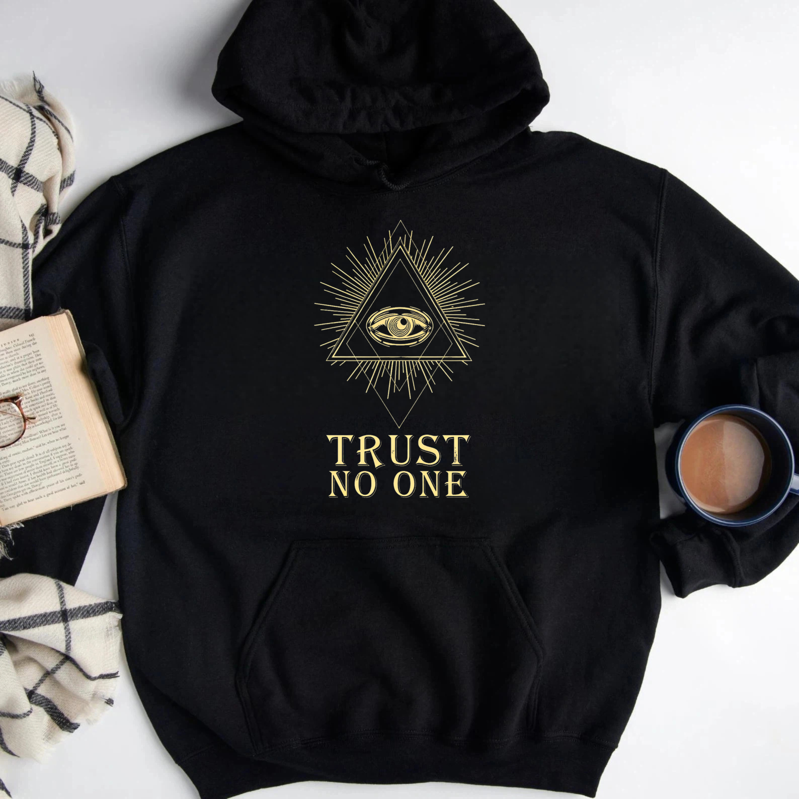 Dorawear™ Trust No One All Seeing Eye Hoodie Black Gold Print Mystical Symbol Sweatshirt Men Women Unisex Fashion Apparel-Dorawear