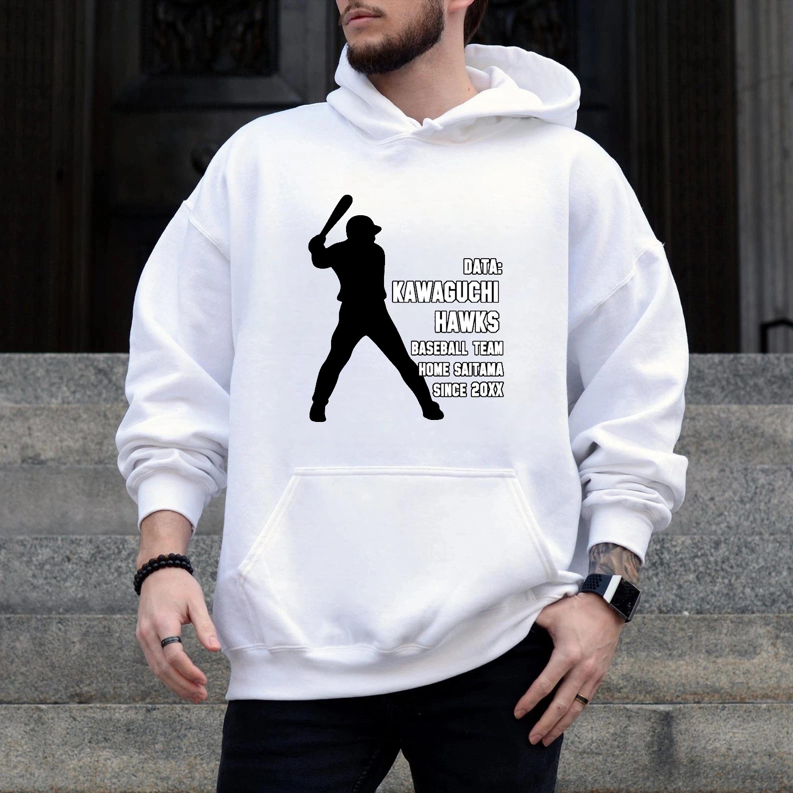 Dorawear™ Kawaguchi Hawks Baseball Team Hoodie Black With White Batting Silhouette And Team Text Since 20XX Design For Fans And Players-Dorawear