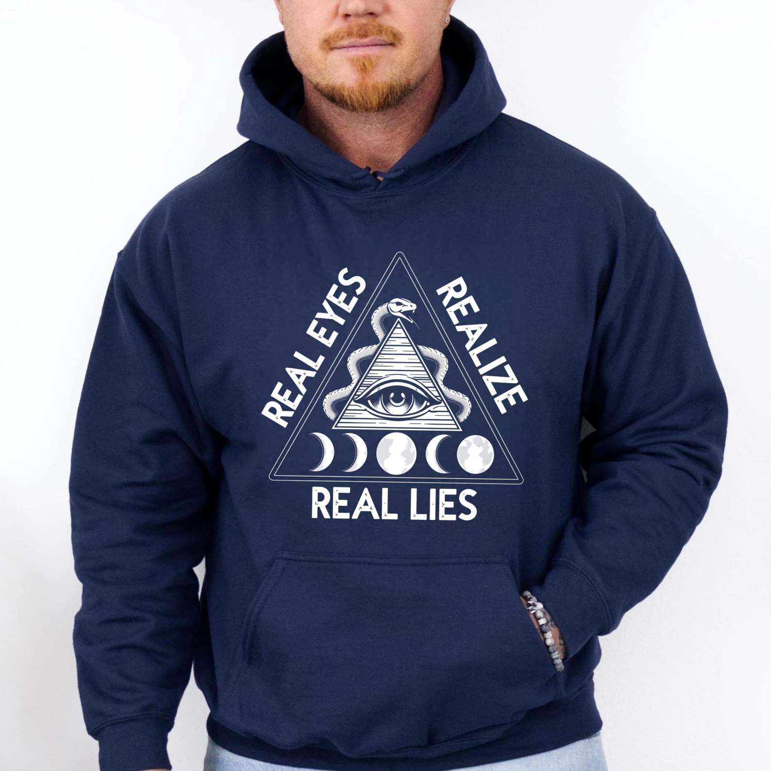 Dorawear™ Real Eyes Realize Real Lies Hoodie All Seeing Eye Symbol Moon Phases Design Black Sweatshirt Unisex Pullover Fashion Statement Apparel-Dorawear