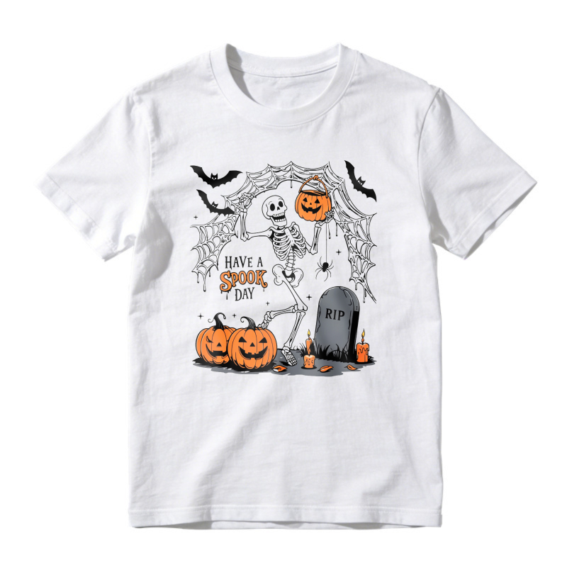 Skeleton Holding Pumpkin Bucket, Have A Spook Day, Halloween Graveyard Bats Spiderweb Design, Unisex Classic T-shirt
