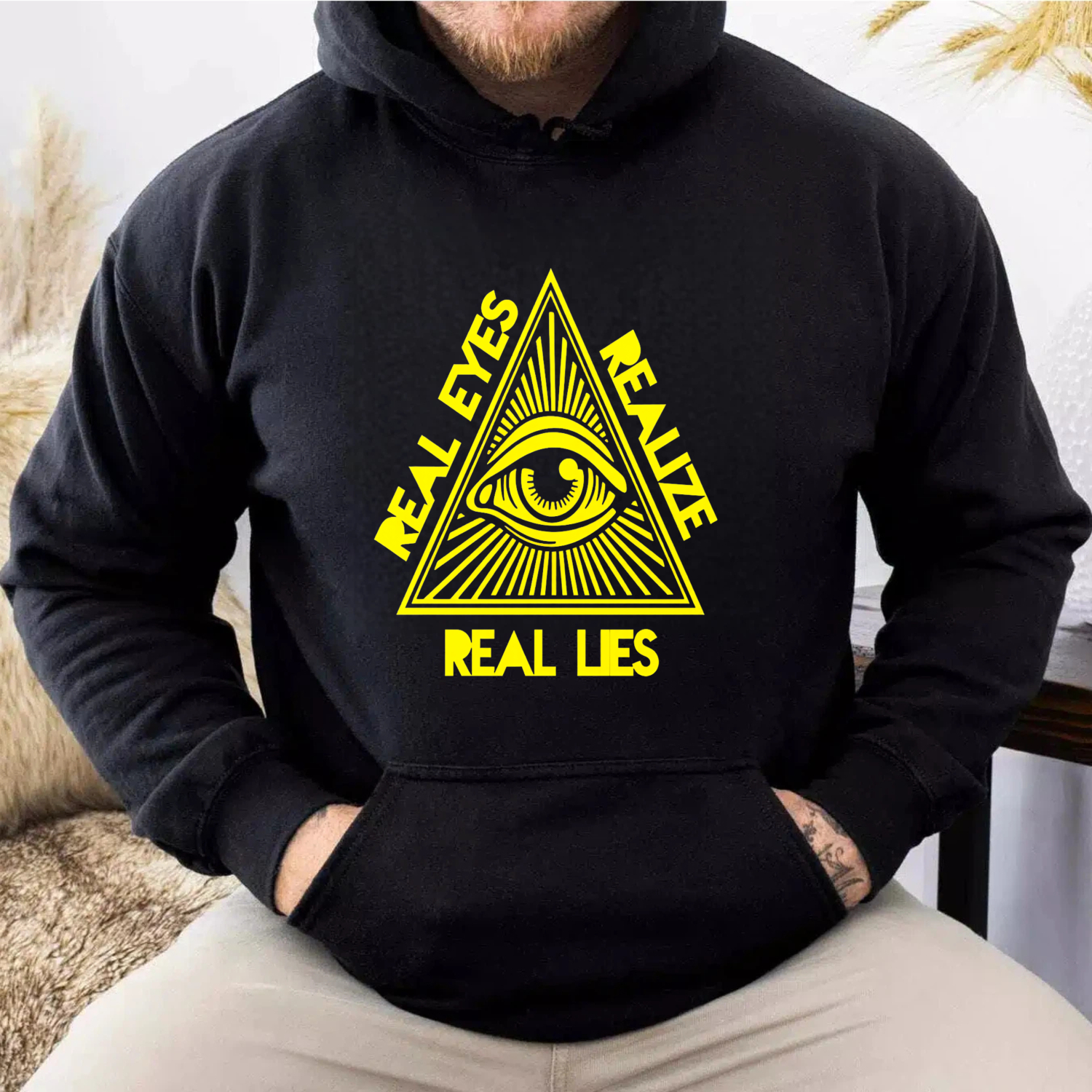 Dorawear™ Real Eyes Realize Real Lies All Seeing Eye Hoodie Black Sweatshirt With Drawstring Hood And Front Pocket For Men Women Unisex Streetwear Fashion Apparel-Dorawear