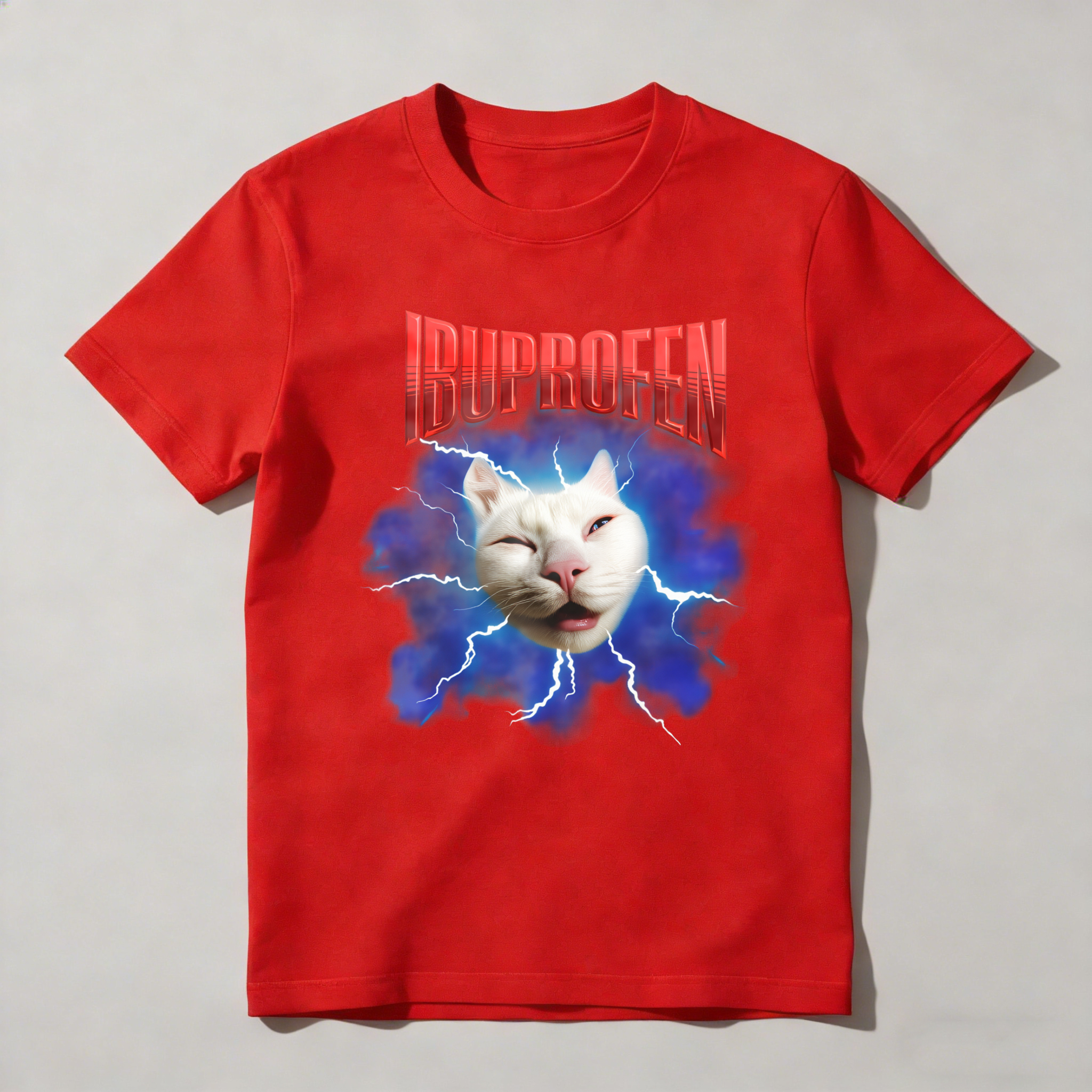 Dorawear™ Ibuprofen Cat Lightning Blue Background T Shirt