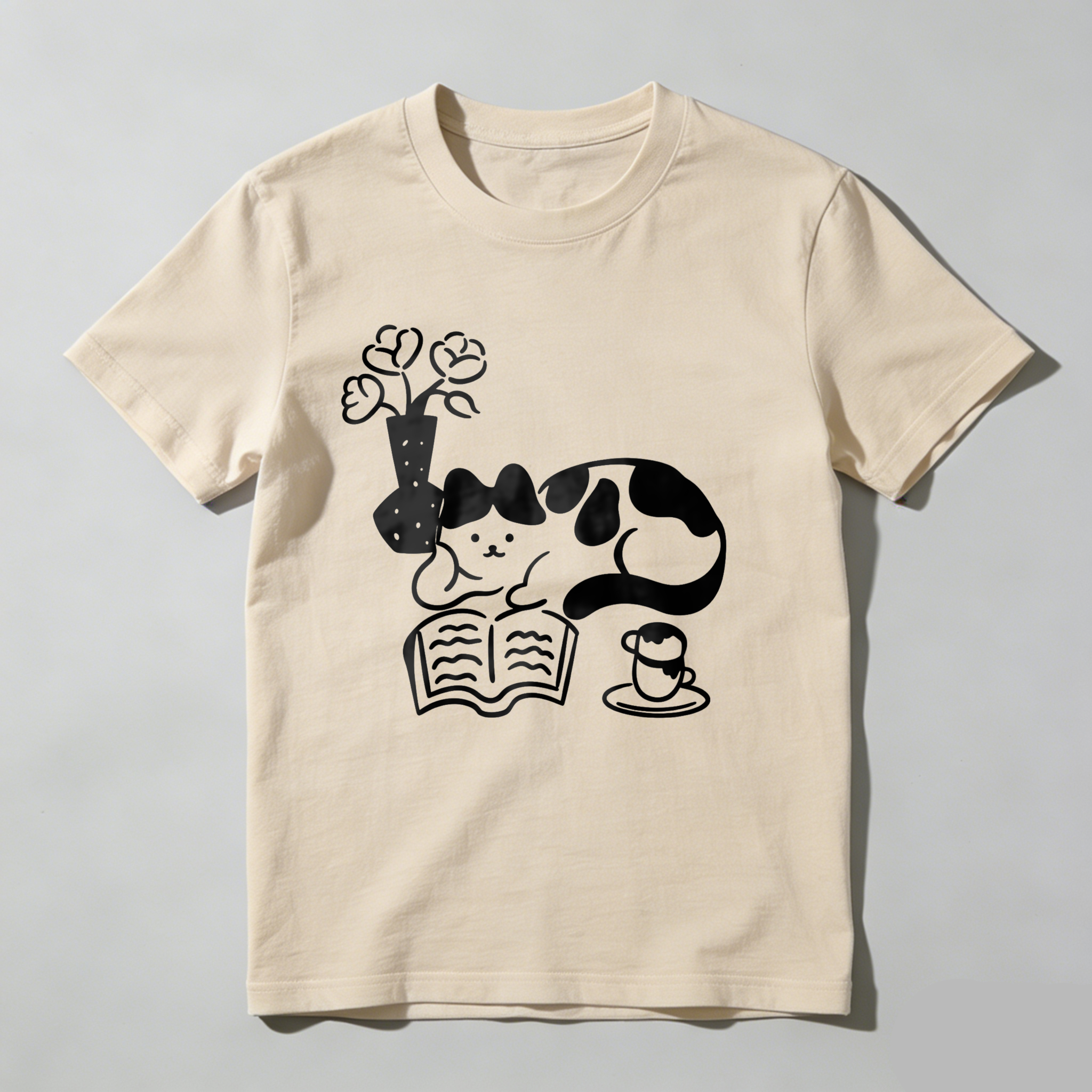 Dorawear Cat Reading Book With Flowers And Tea T Shirt