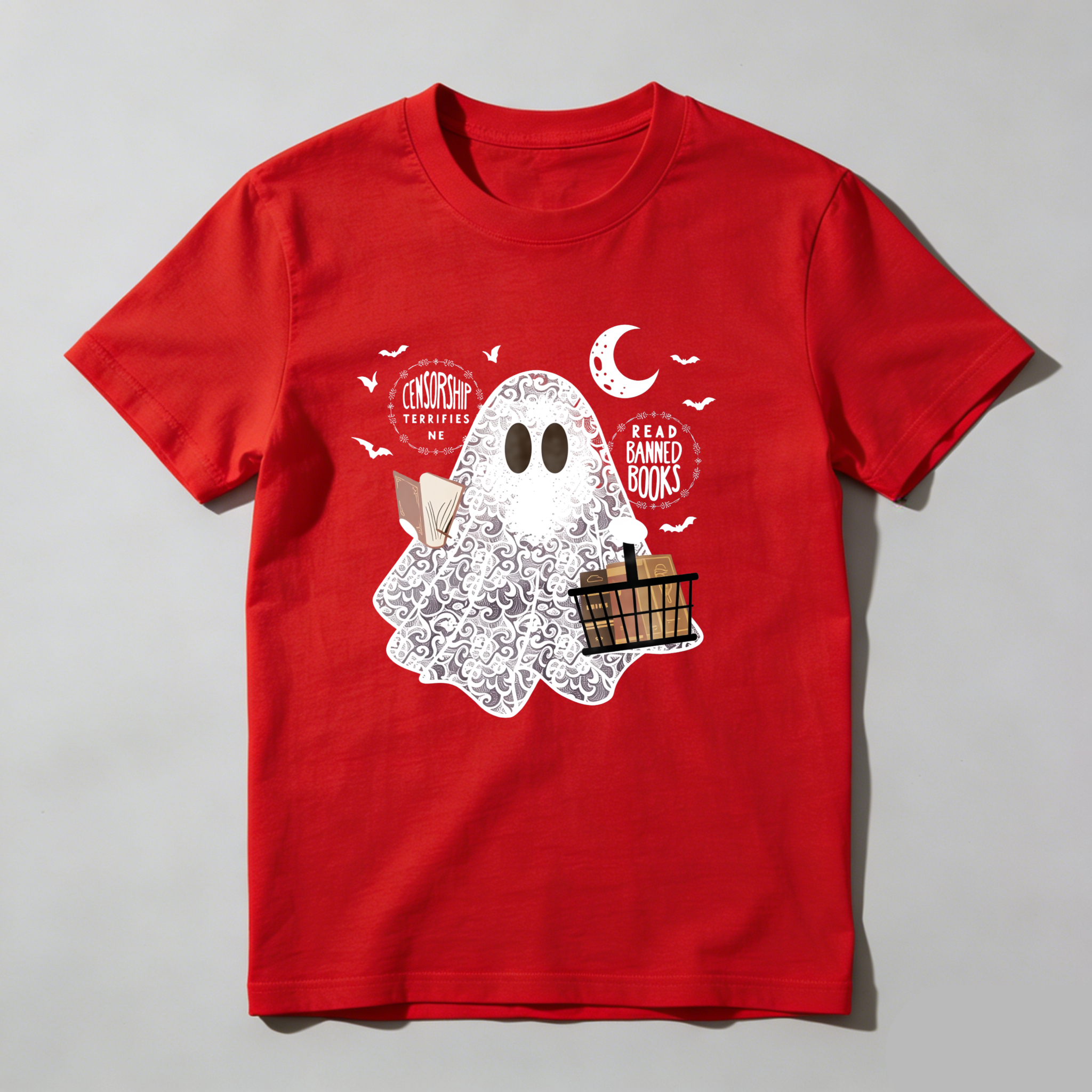 Dorawear Ghost Holds Books And Moon With Bats T Shirt
