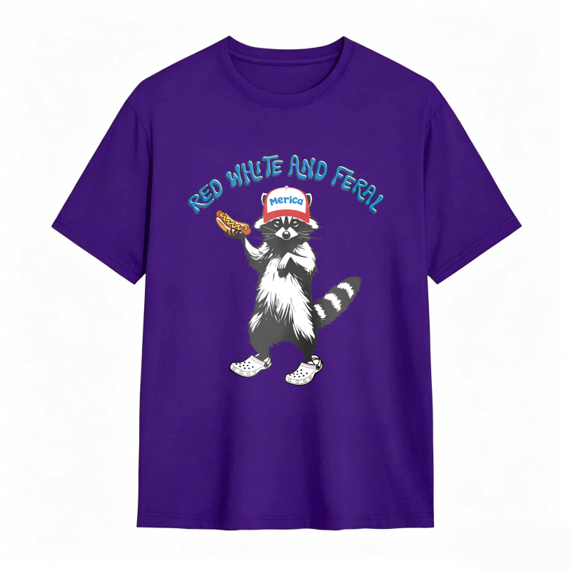 USA Red White Feral Racoon Vintage Hot Dog Party America Patriotic Racoon Tshirt