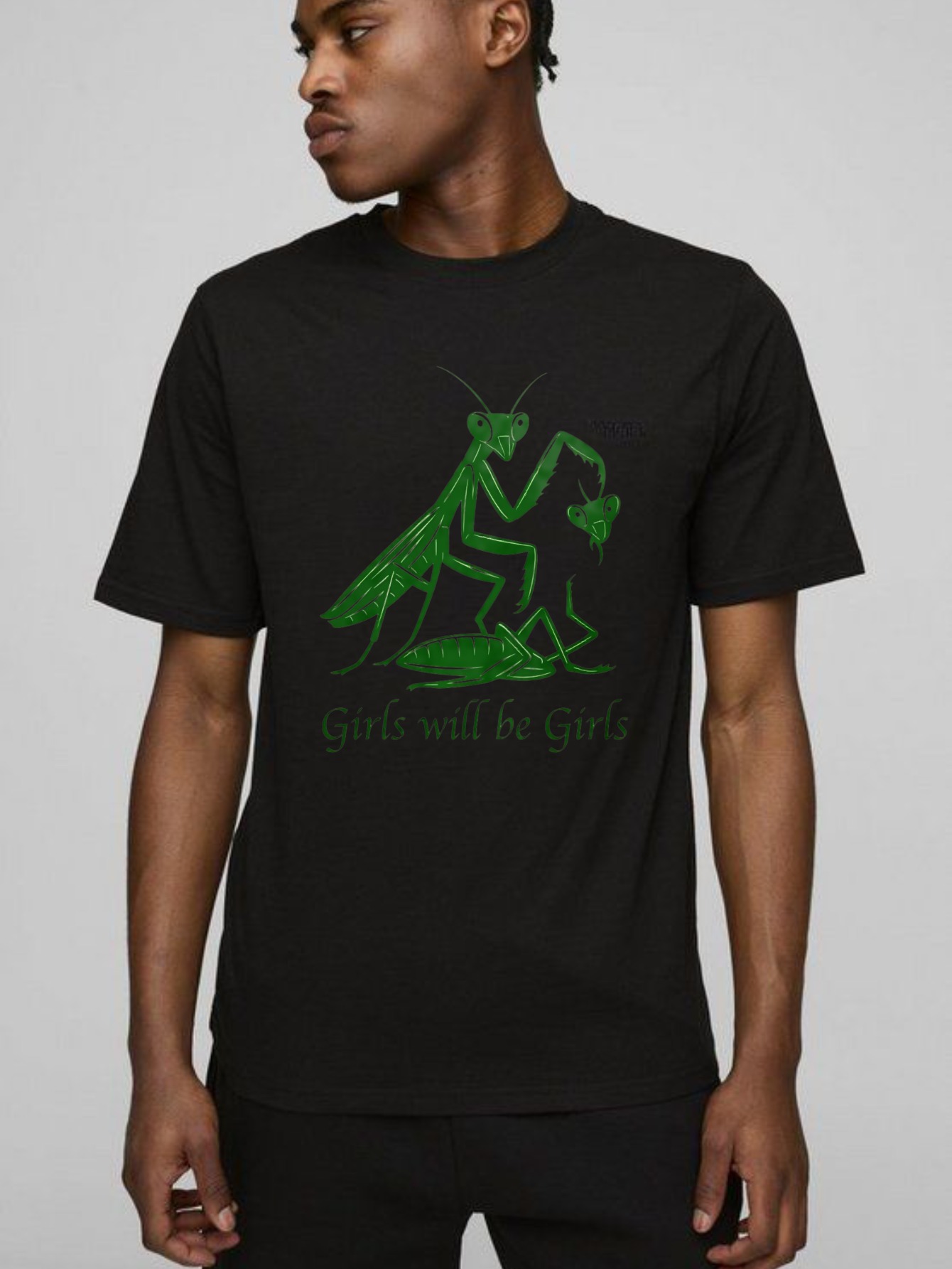Dorawear™ Green Mantis Eating Prey With Text Below T Shirt 100% cotton
