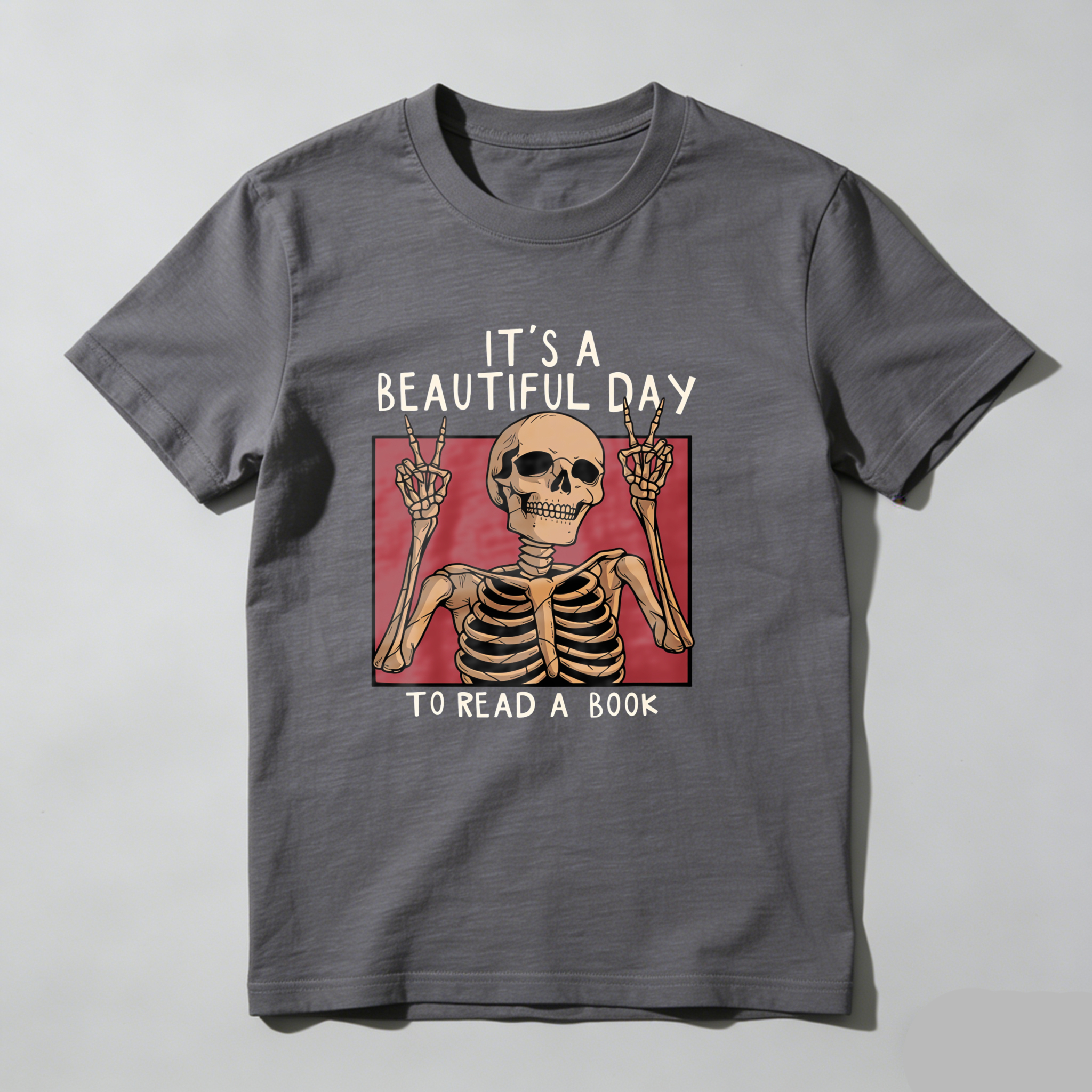 Dorawear™ Skeleton Making Peace Signs With Book Text T Shirt