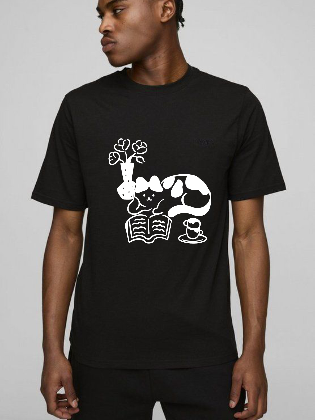 Dorawear Cat Reading Book With Flowers And Tea T Shirt