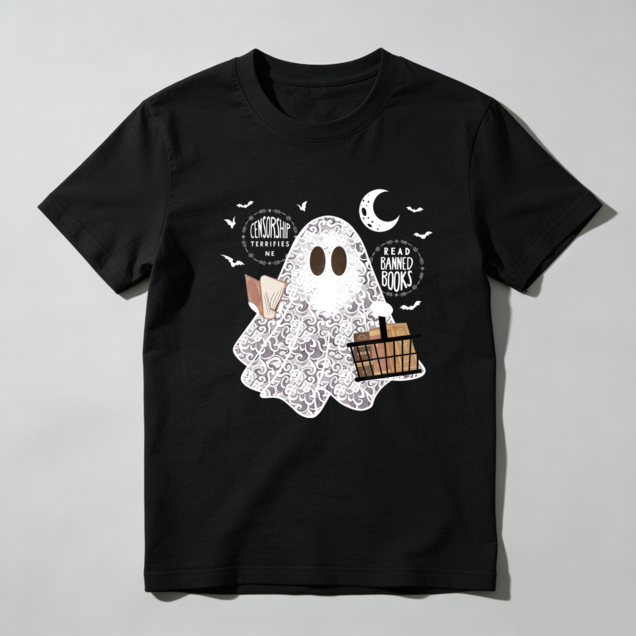 Dorawear Ghost Holds Books And Moon With Bats T Shirt
