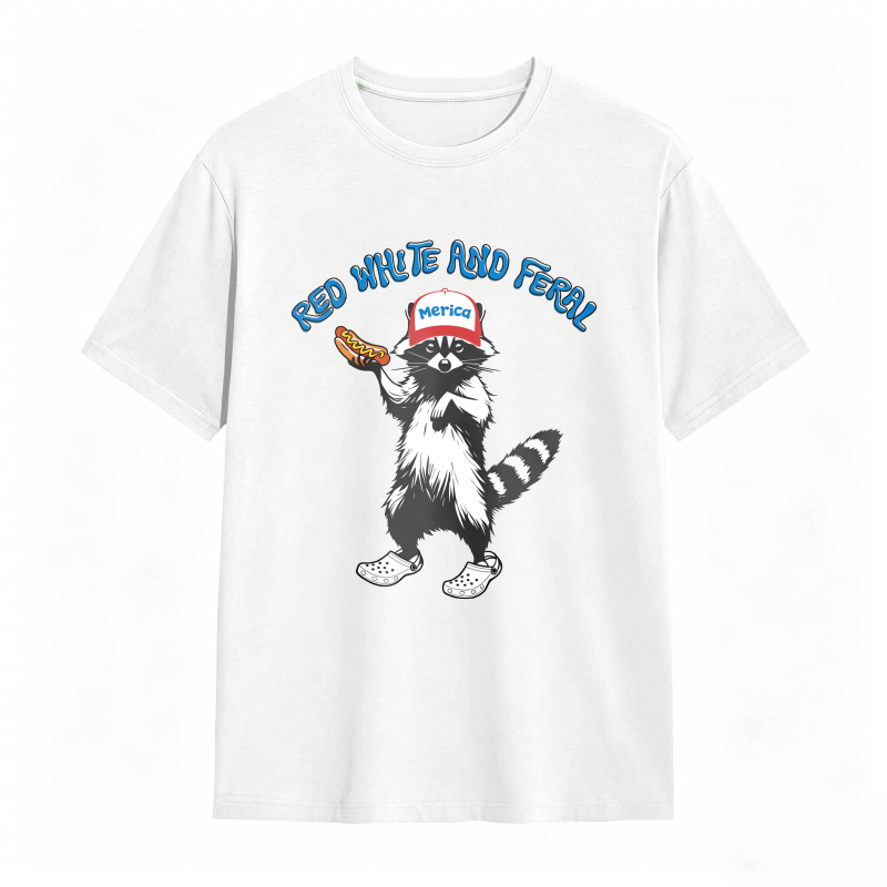 USA Red White Feral Racoon Vintage Hot Dog Party America Patriotic Racoon Tshirt