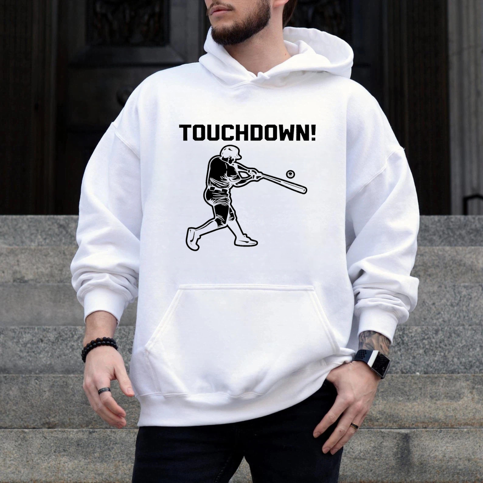 Dorawear™ Touchdown Baseball Player Hoodie Black Sweatshirt With Graphic Design For Sports Fans