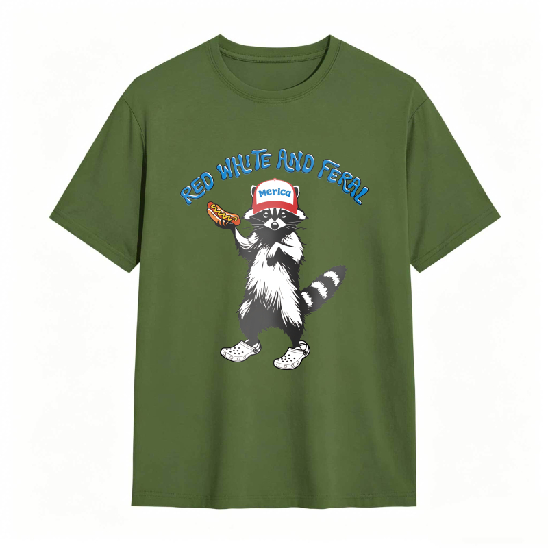 USA Red White Feral Racoon Vintage Hot Dog Party America Patriotic Racoon Tshirt